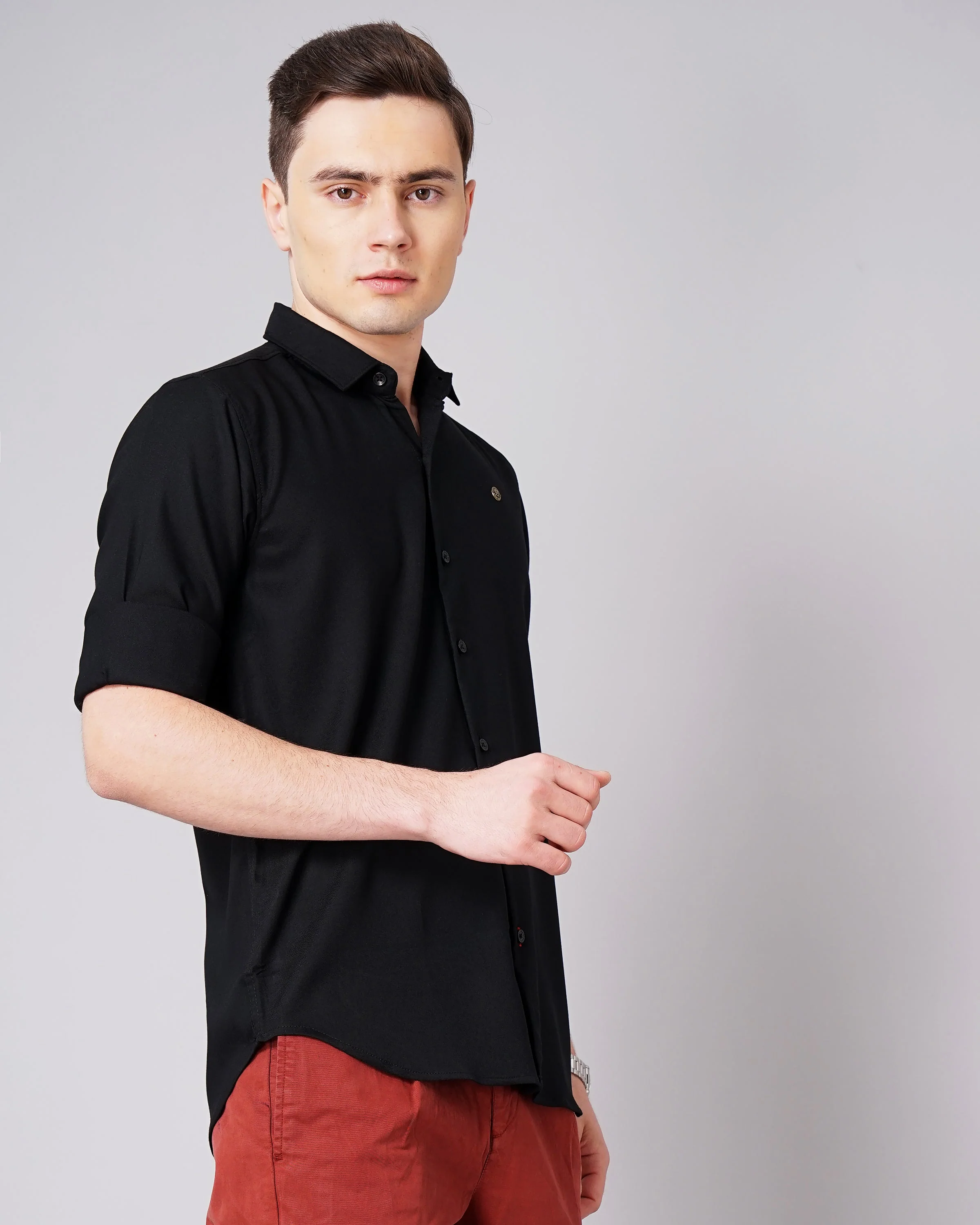 Men Solid Stretch Black Shirt - Image 4