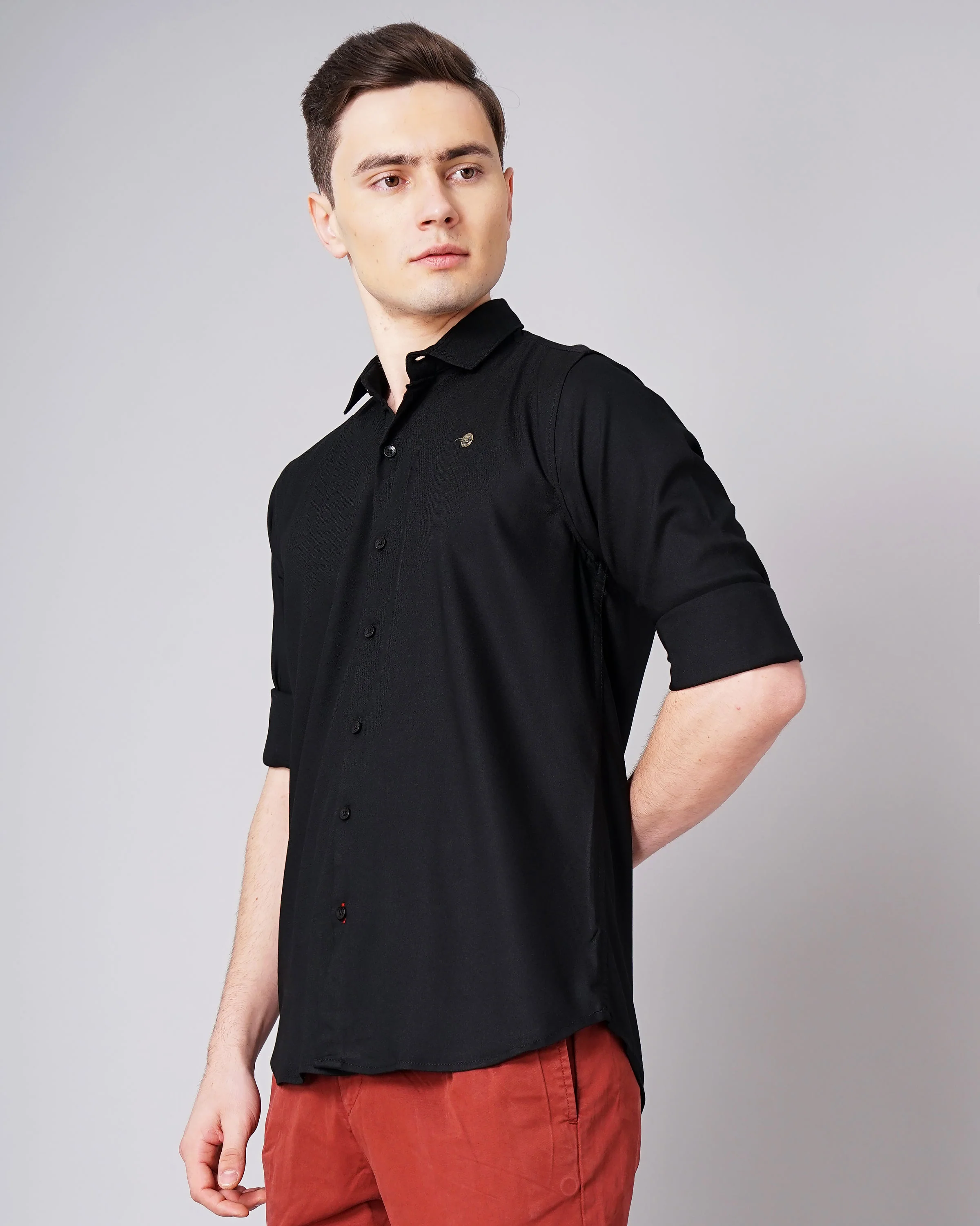 Men Solid Stretch Black Shirt - Image 5