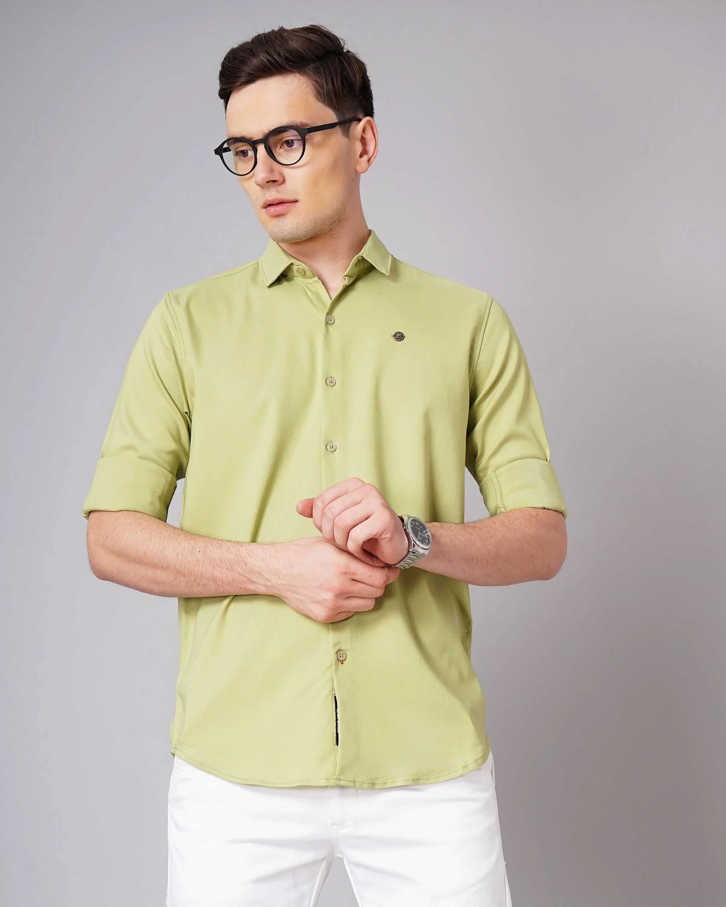 Men Solid Stretch Green Shirt - Image 2