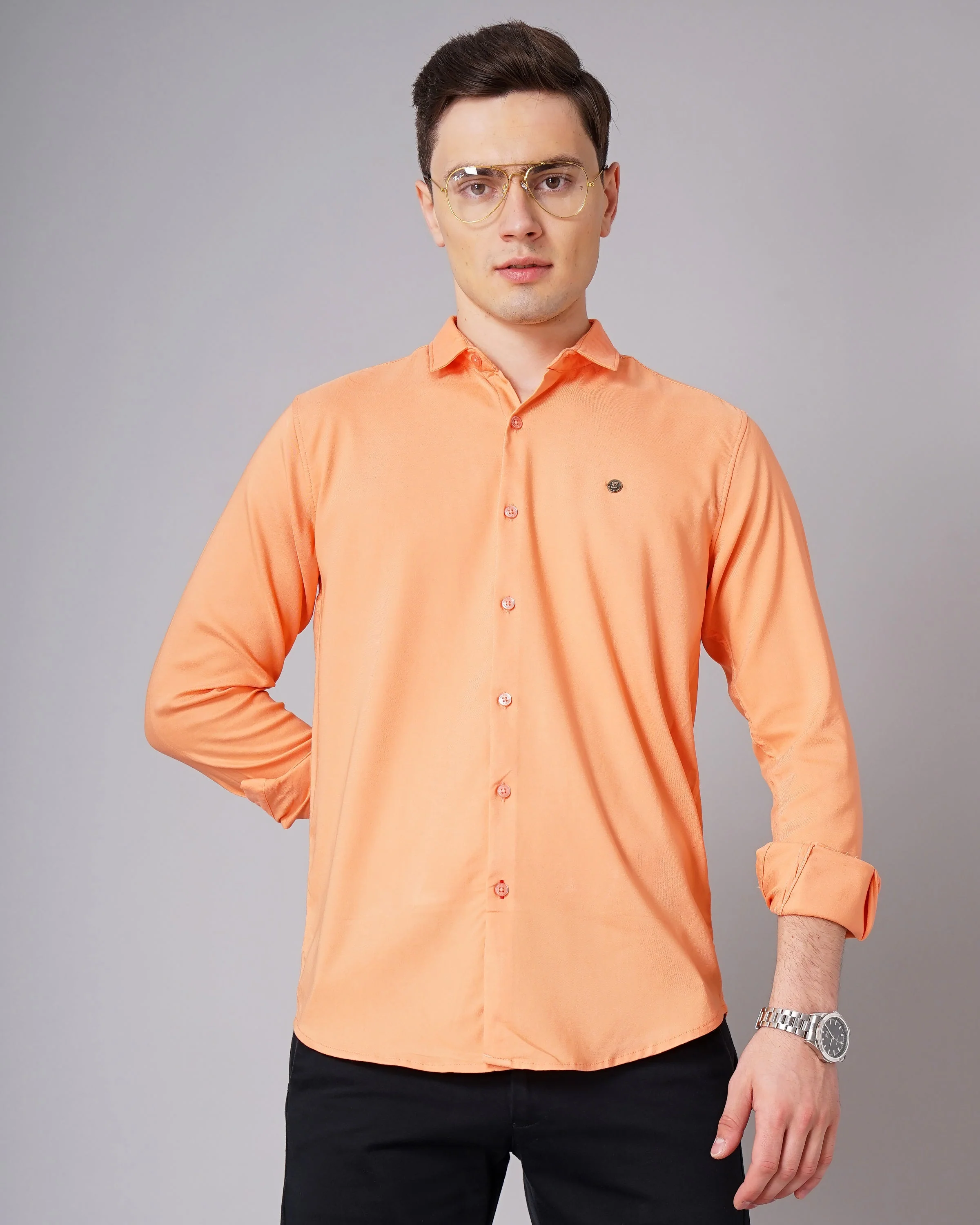 Men Solid Stretch Orange Shirt - Image 2