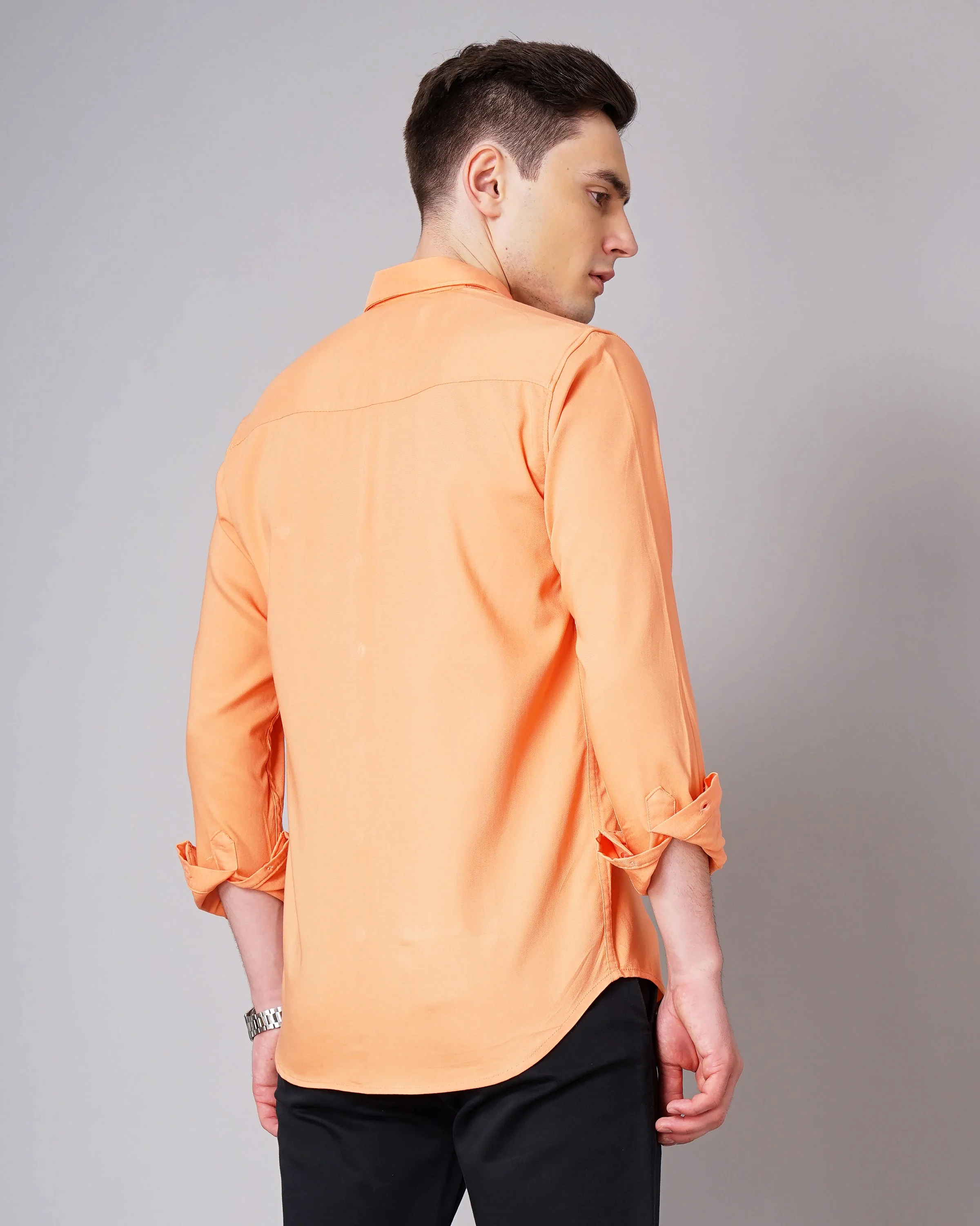 Men Solid Stretch Orange Shirt - Image 3