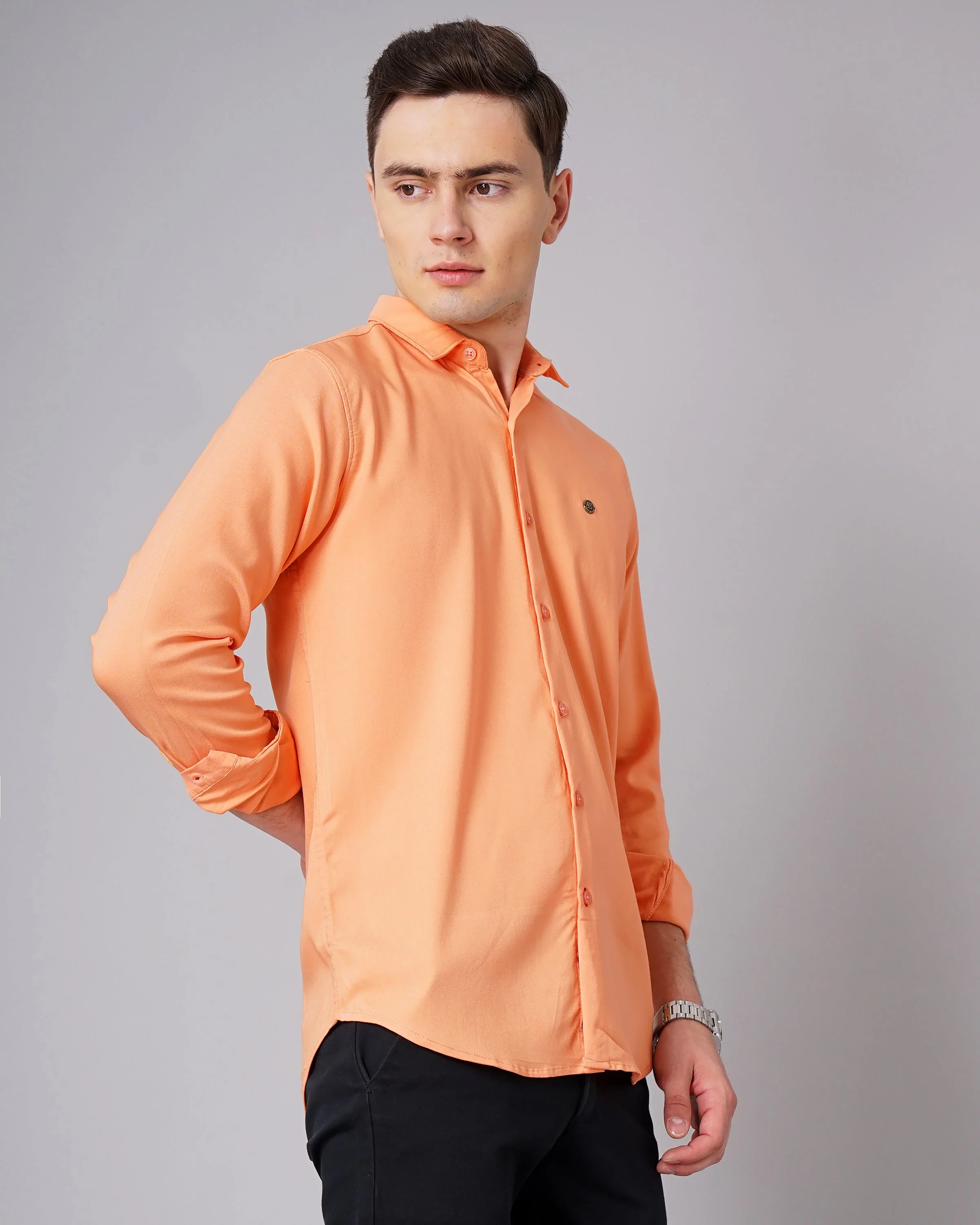 Men Solid Stretch Orange Shirt - Image 4
