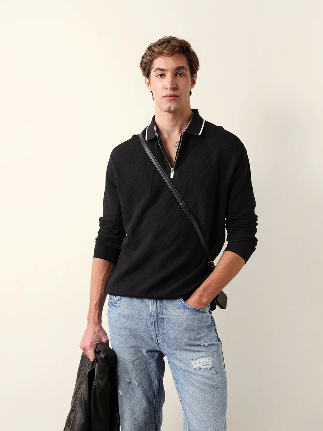 Men Solid Zip-Neck Sweatshirt