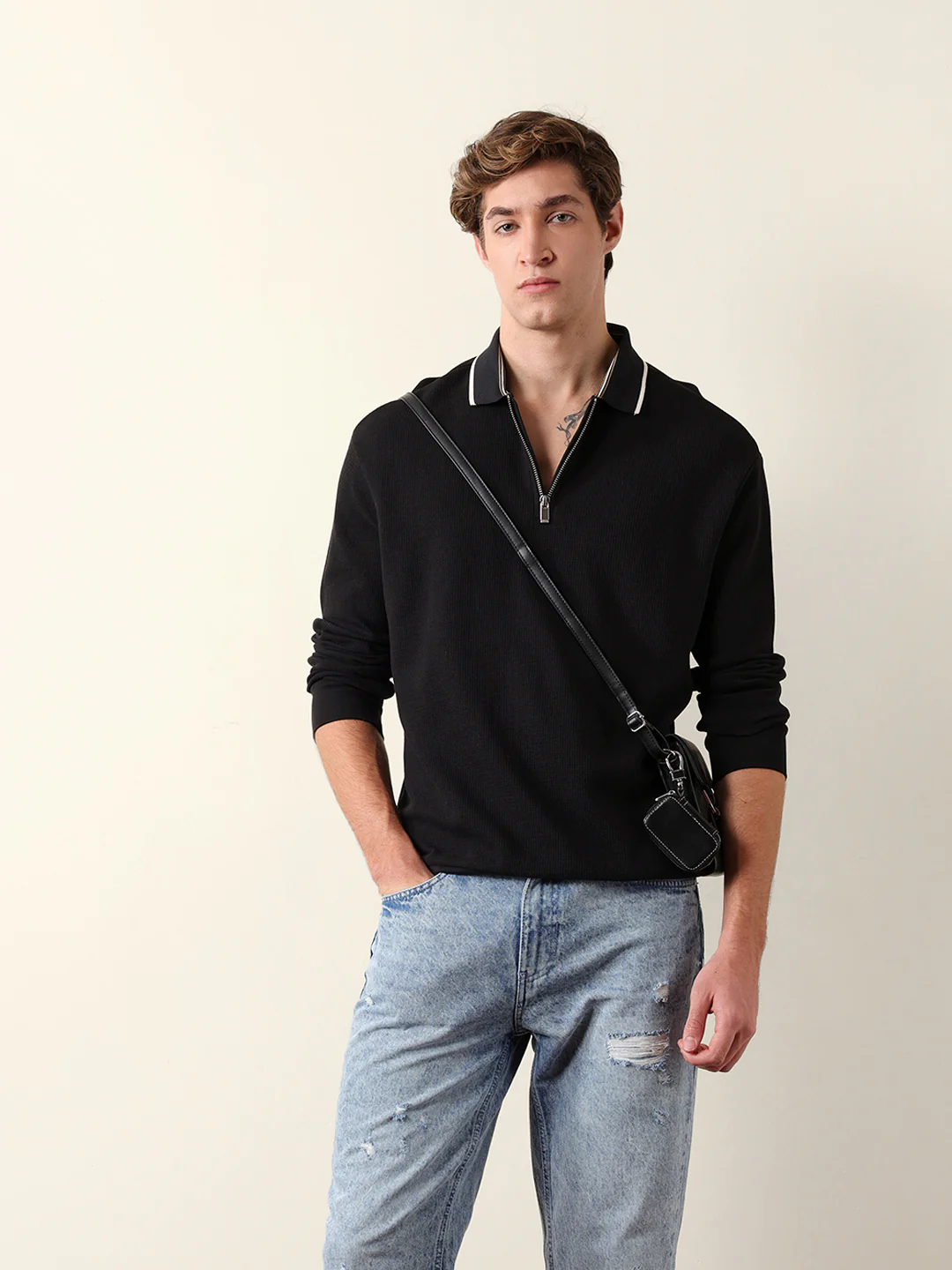 Men Solid Zip-Neck Sweatshirt - Image 3