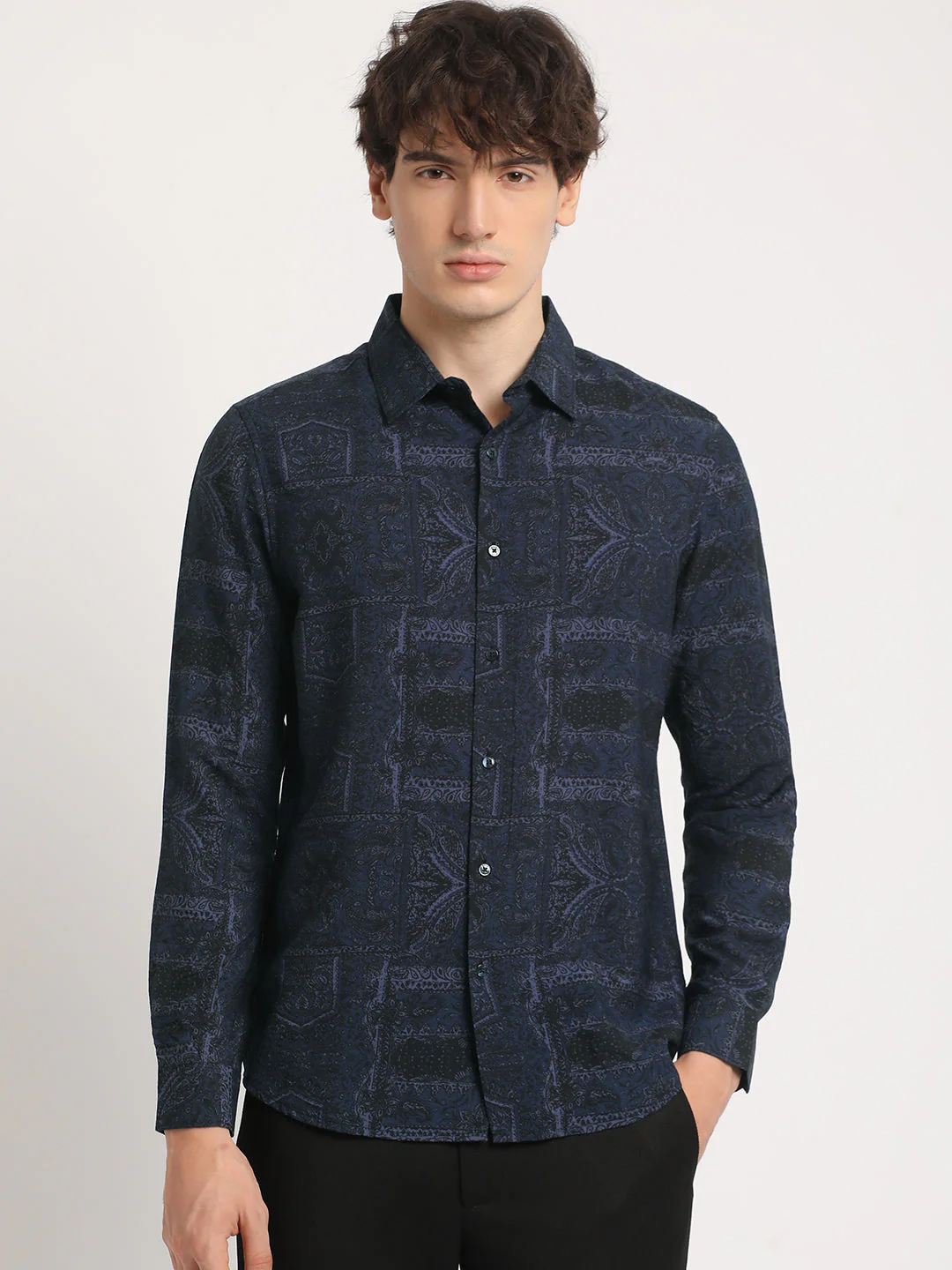Men  Sophisticated Navy Blue Printed Long Sleeve Slim Fit Casual Shirt - Image 2