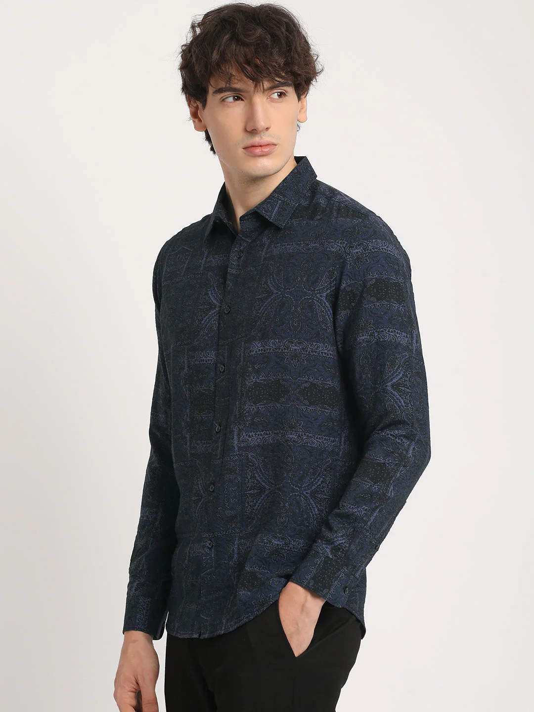 Men  Sophisticated Navy Blue Printed Long Sleeve Slim Fit Casual Shirt - Image 3