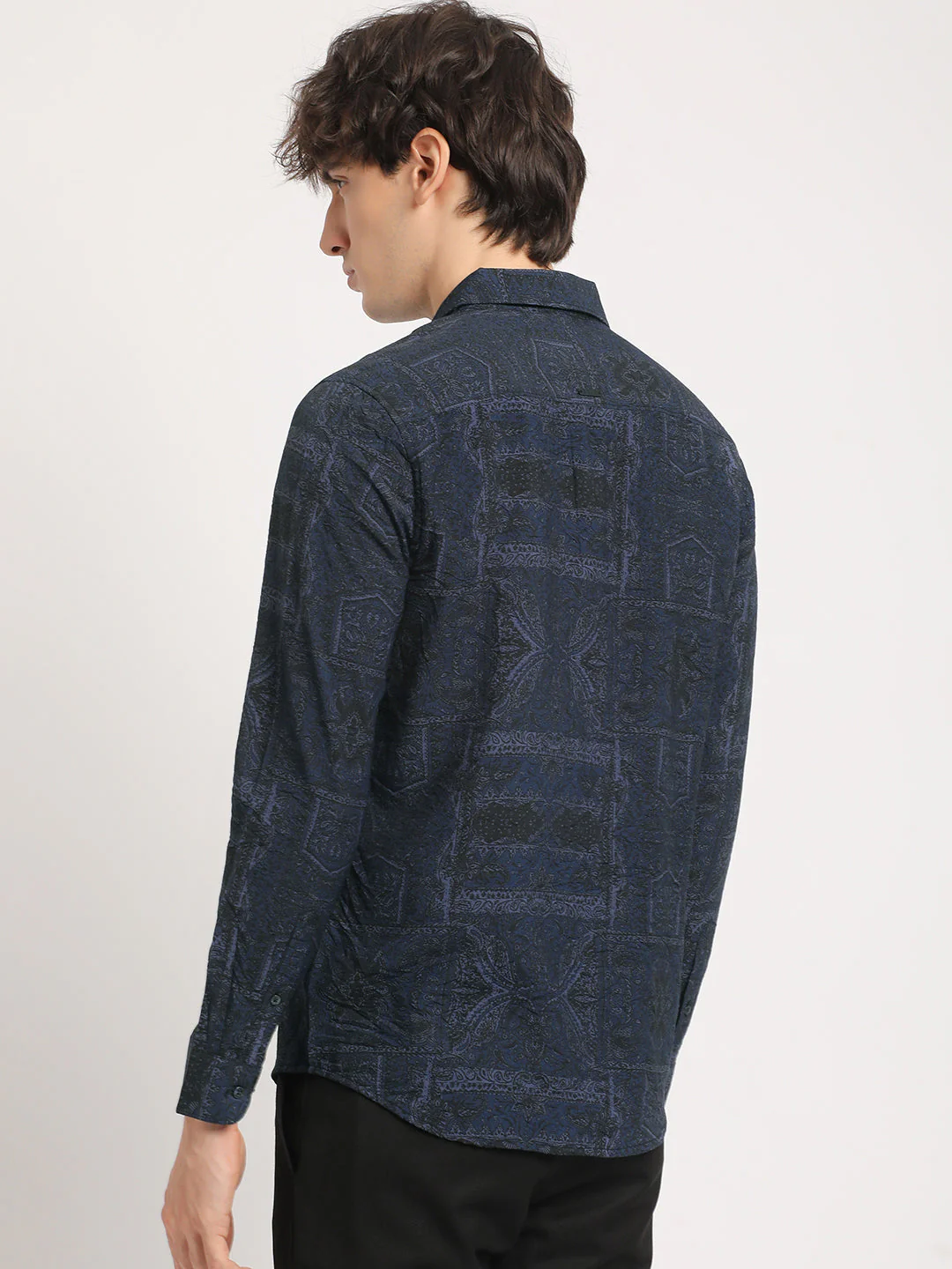 Men  Sophisticated Navy Blue Printed Long Sleeve Slim Fit Casual Shirt - Image 4