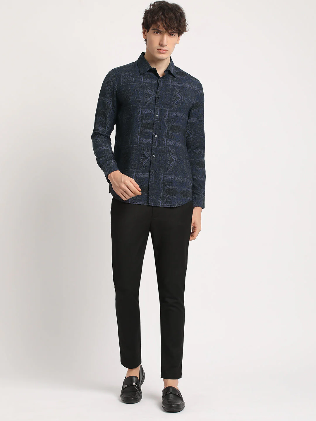 Men  Sophisticated Navy Blue Printed Long Sleeve Slim Fit Casual Shirt - Image 5