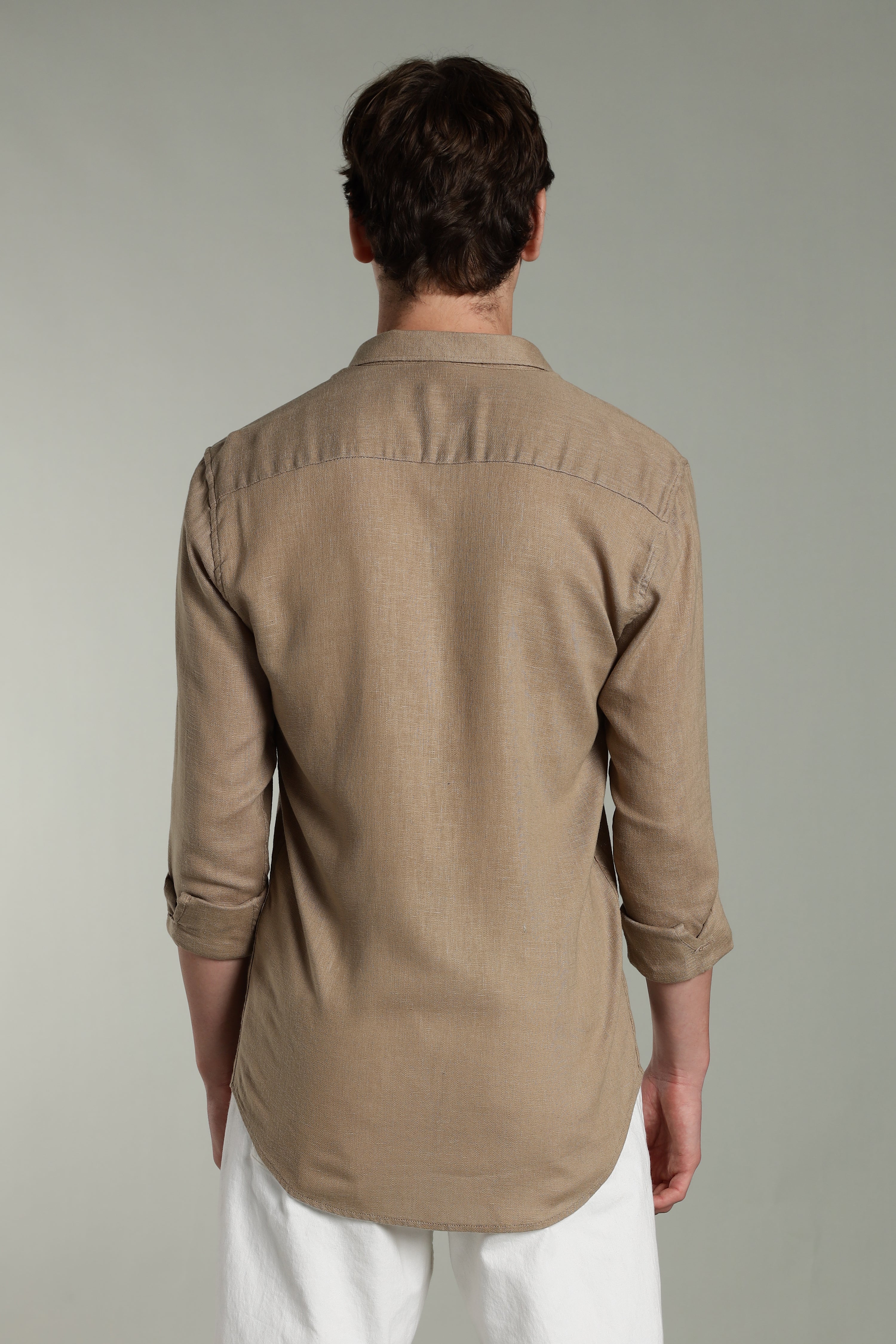 Men Star Linen Brown Solid Shirt - Image 2