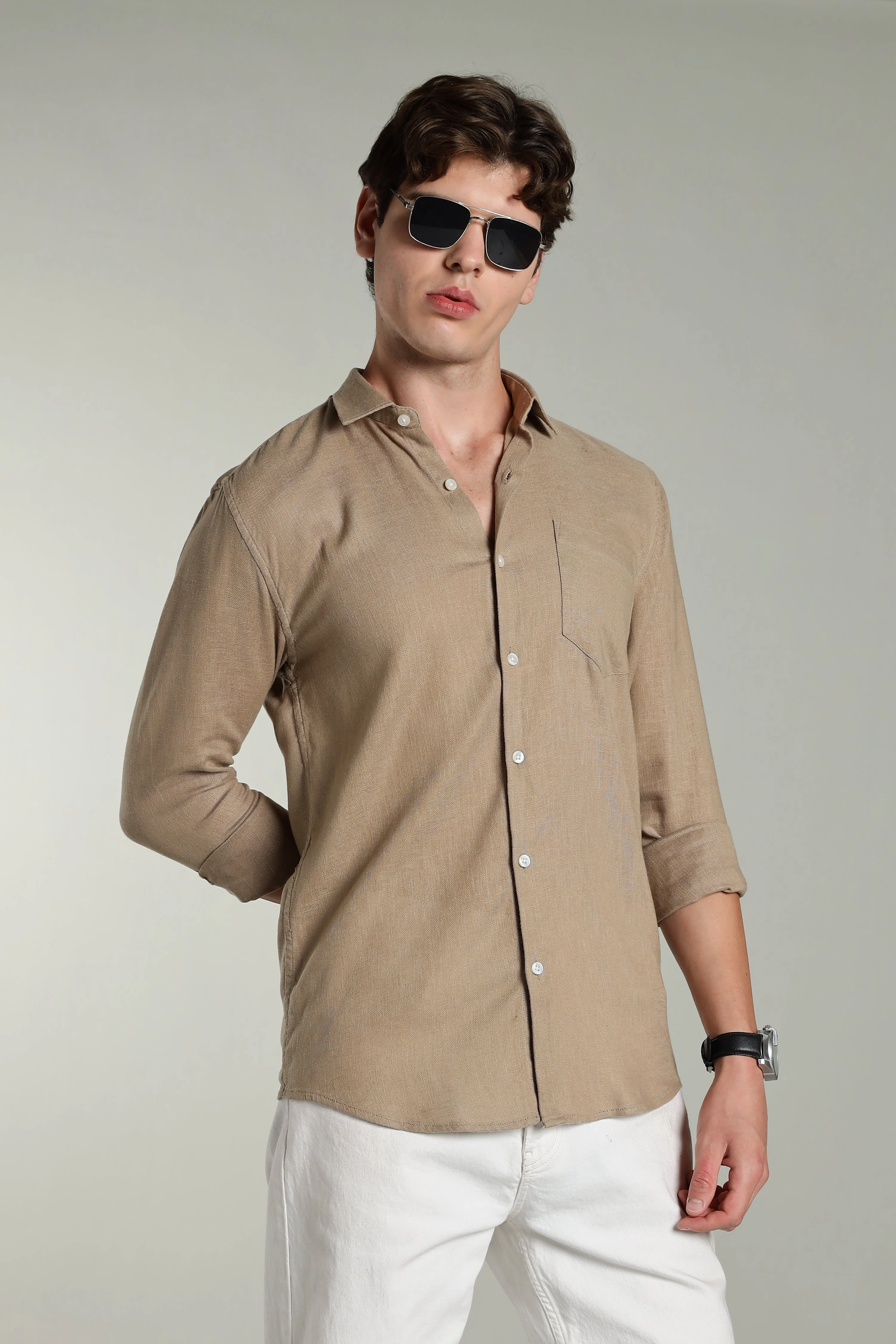 Men Star Linen Brown Solid Shirt - Image 3