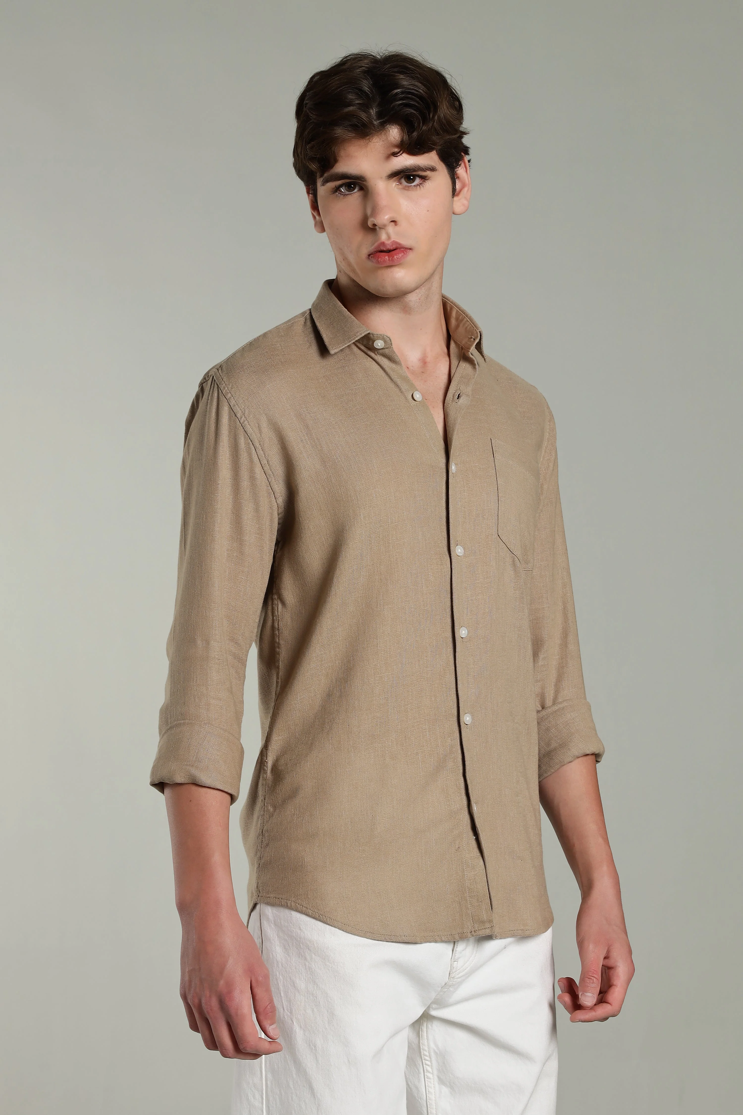 Men Star Linen Brown Solid Shirt - Image 5