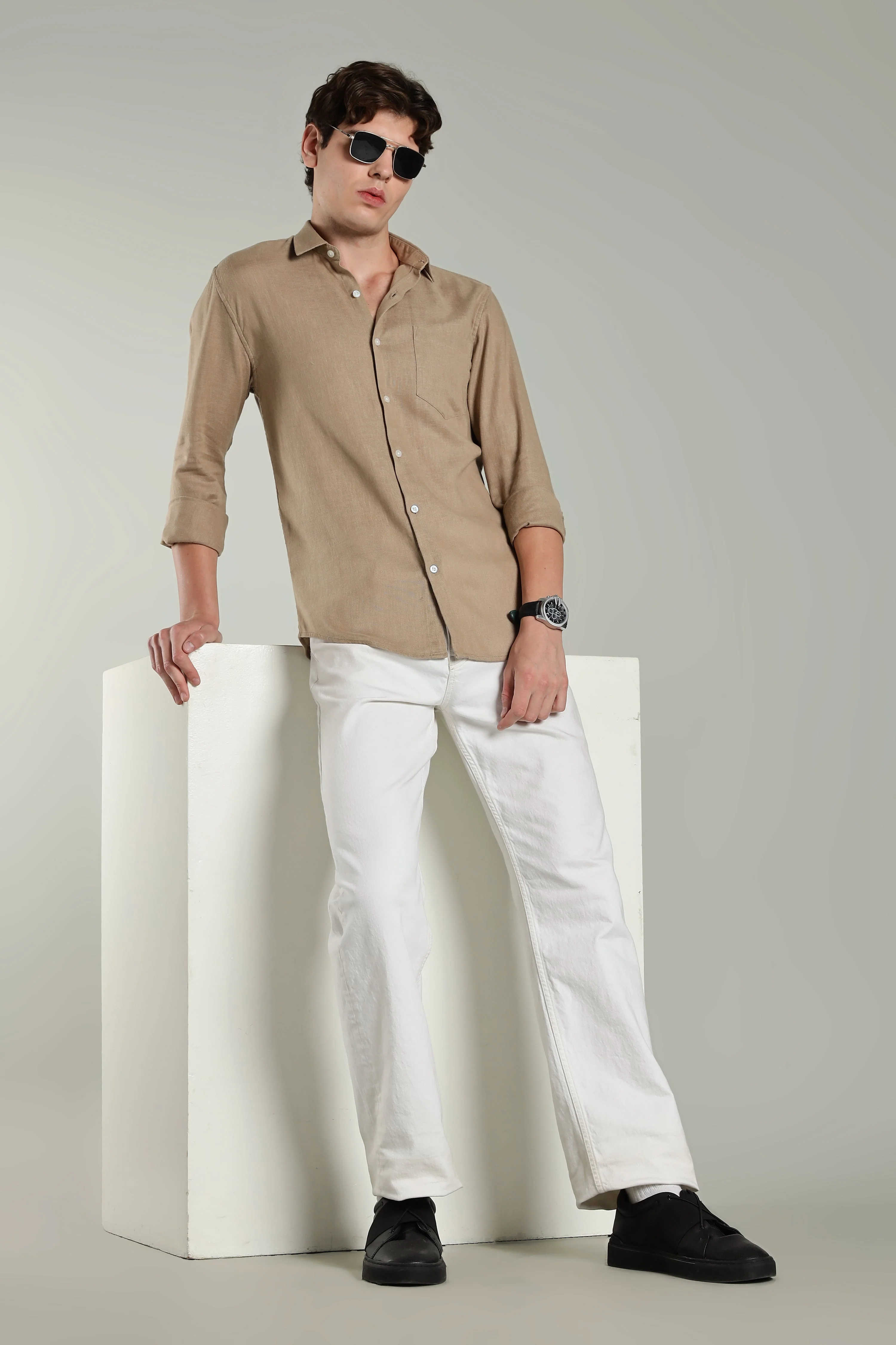 Men Star Linen Brown Solid Shirt - Image 6