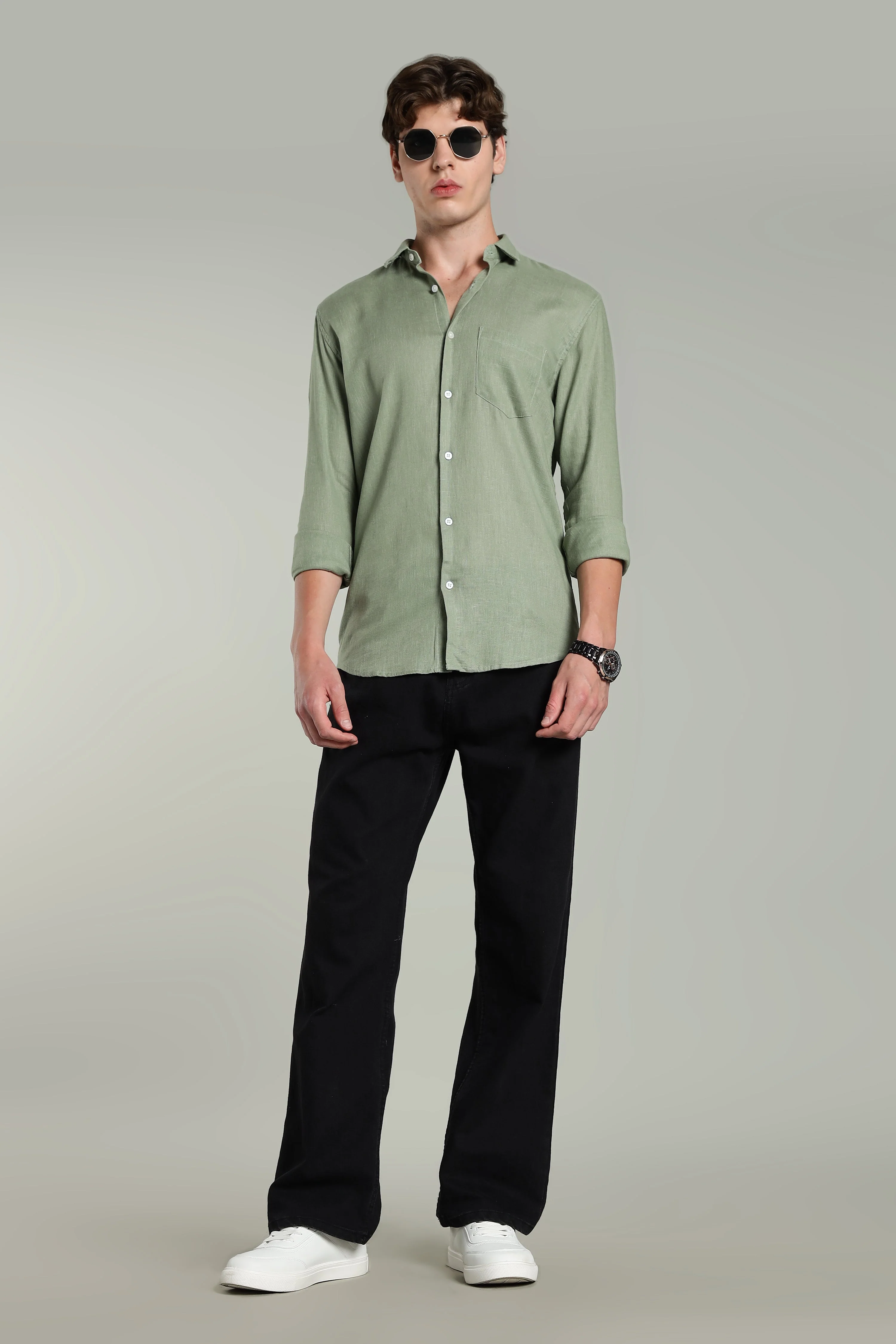 Men Star Linen Green Solid Shirt - Image 3