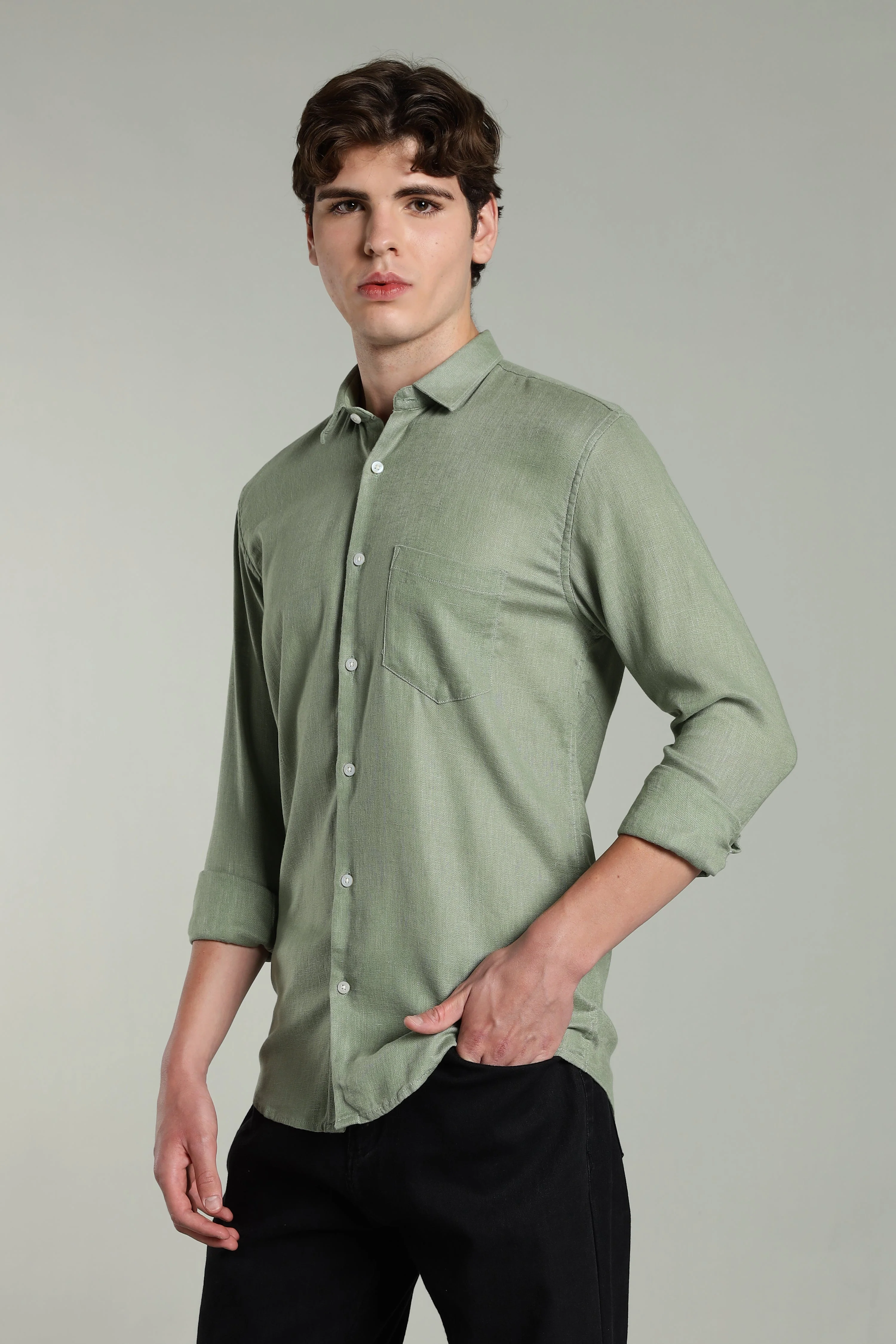 Men Star Linen Green Solid Shirt - Image 4