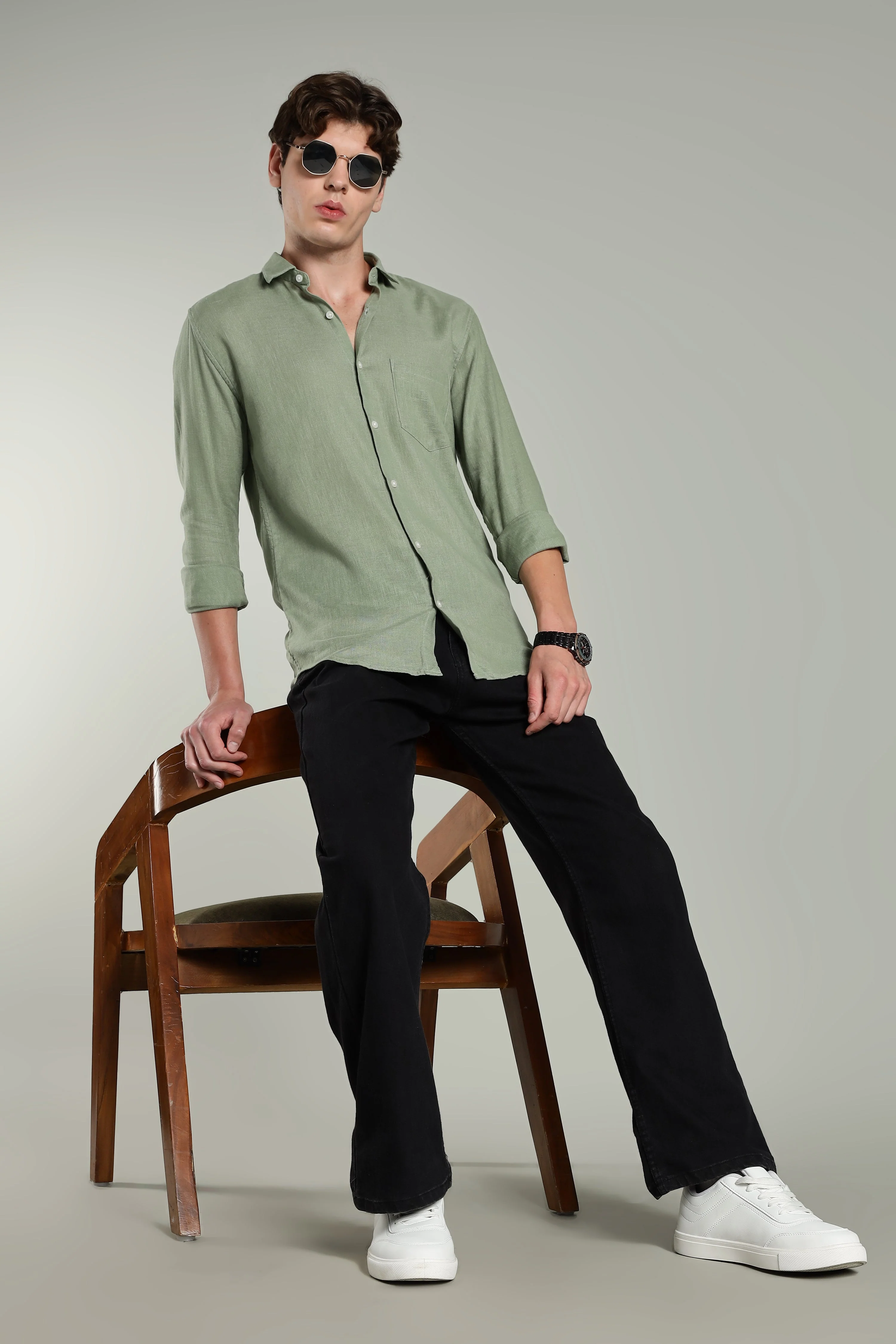 Men Star Linen Green Solid Shirt - Image 5