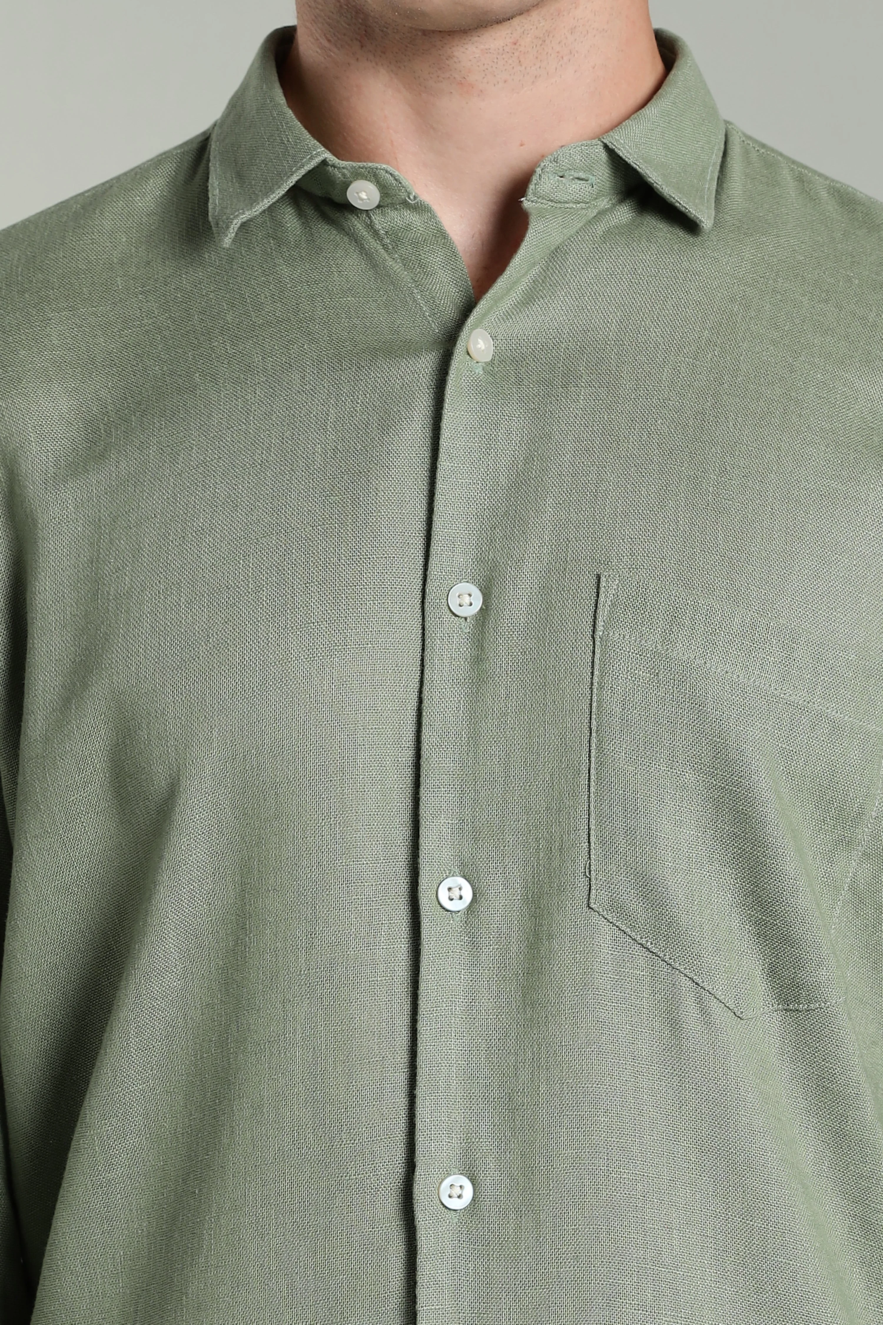 Men Star Linen Green Solid Shirt - Image 6