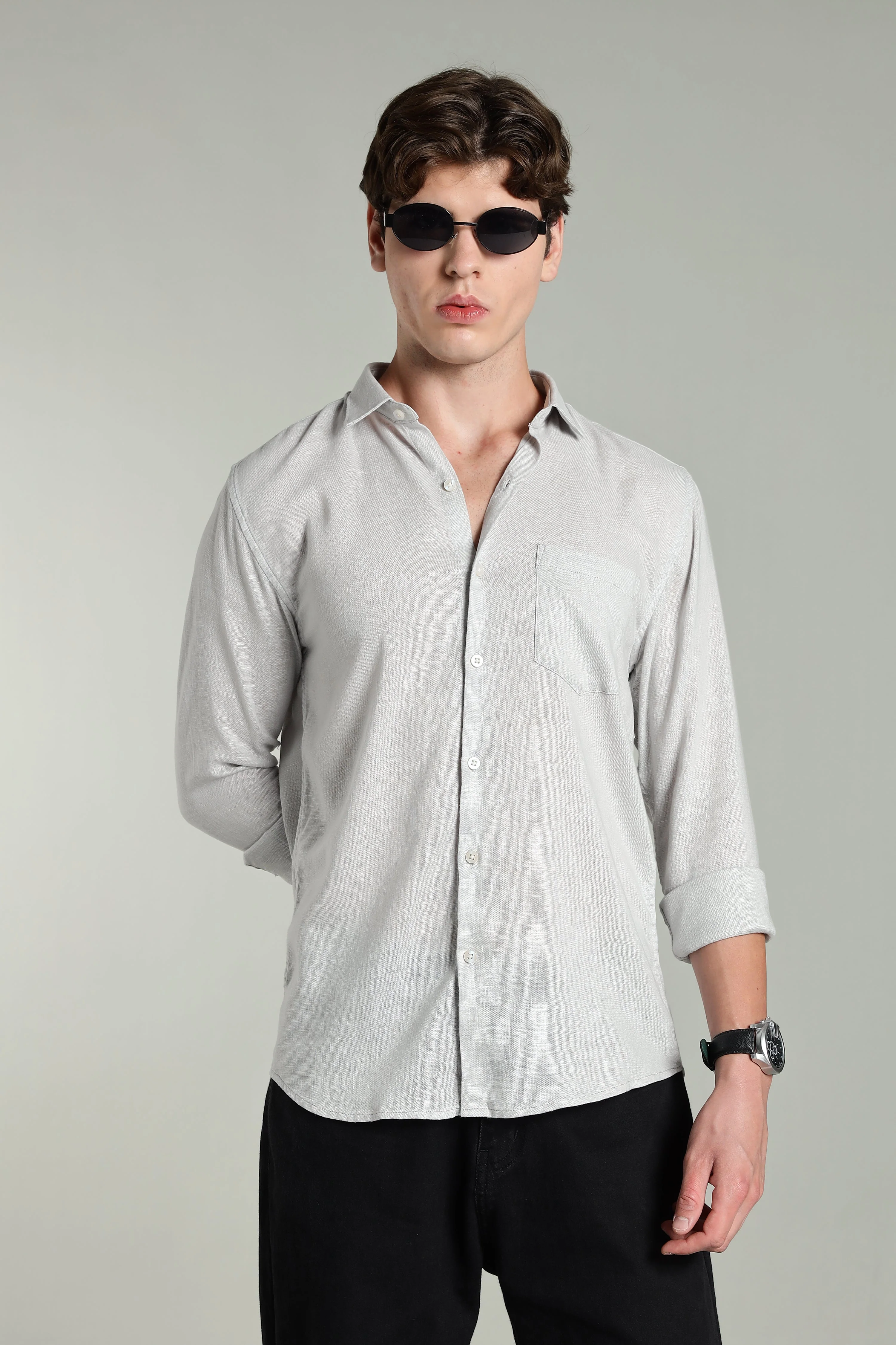 Men Star Linen Grey Solid Shirt - Image 3