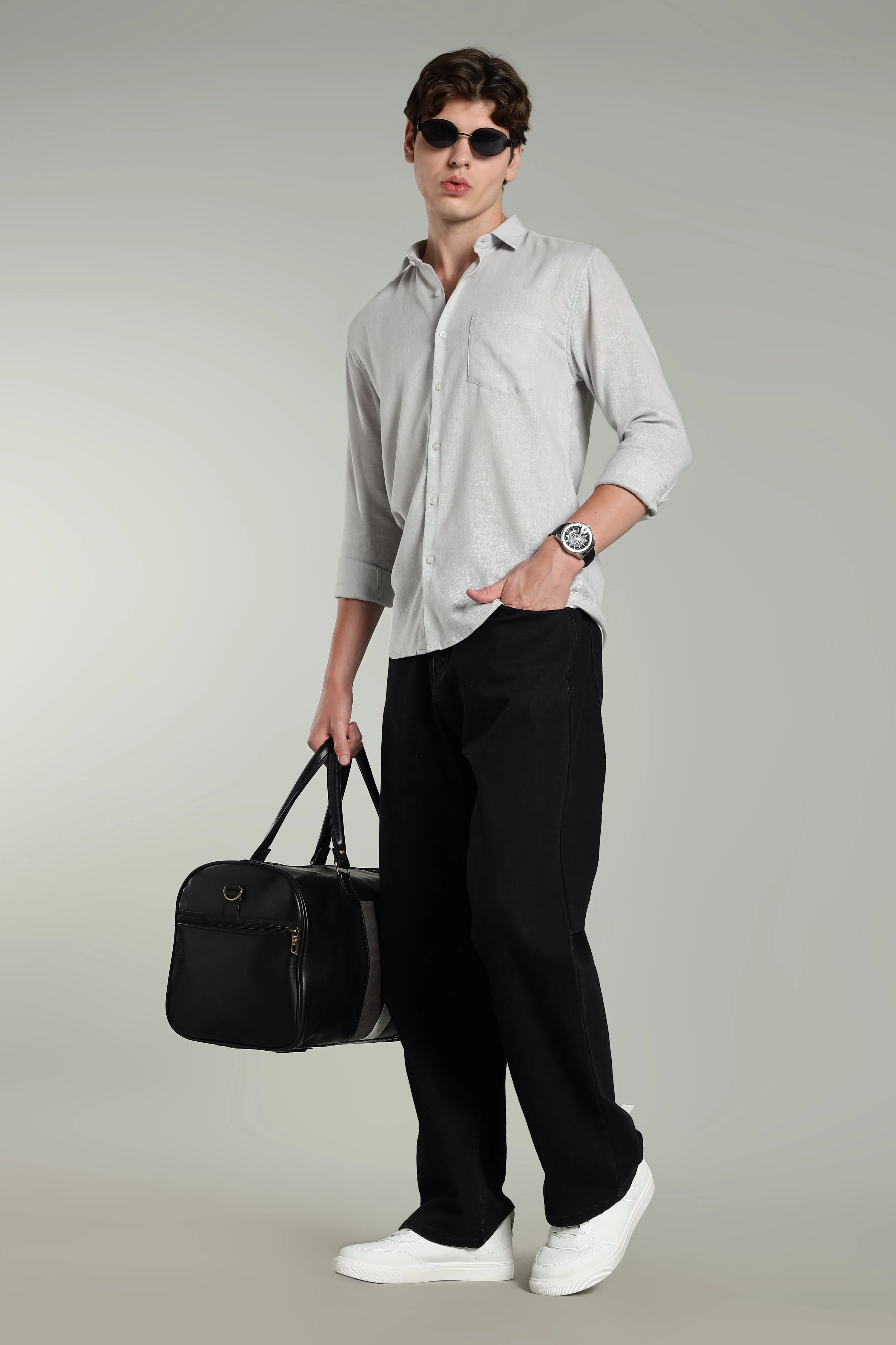 Men Star Linen Grey Solid Shirt - Image 5