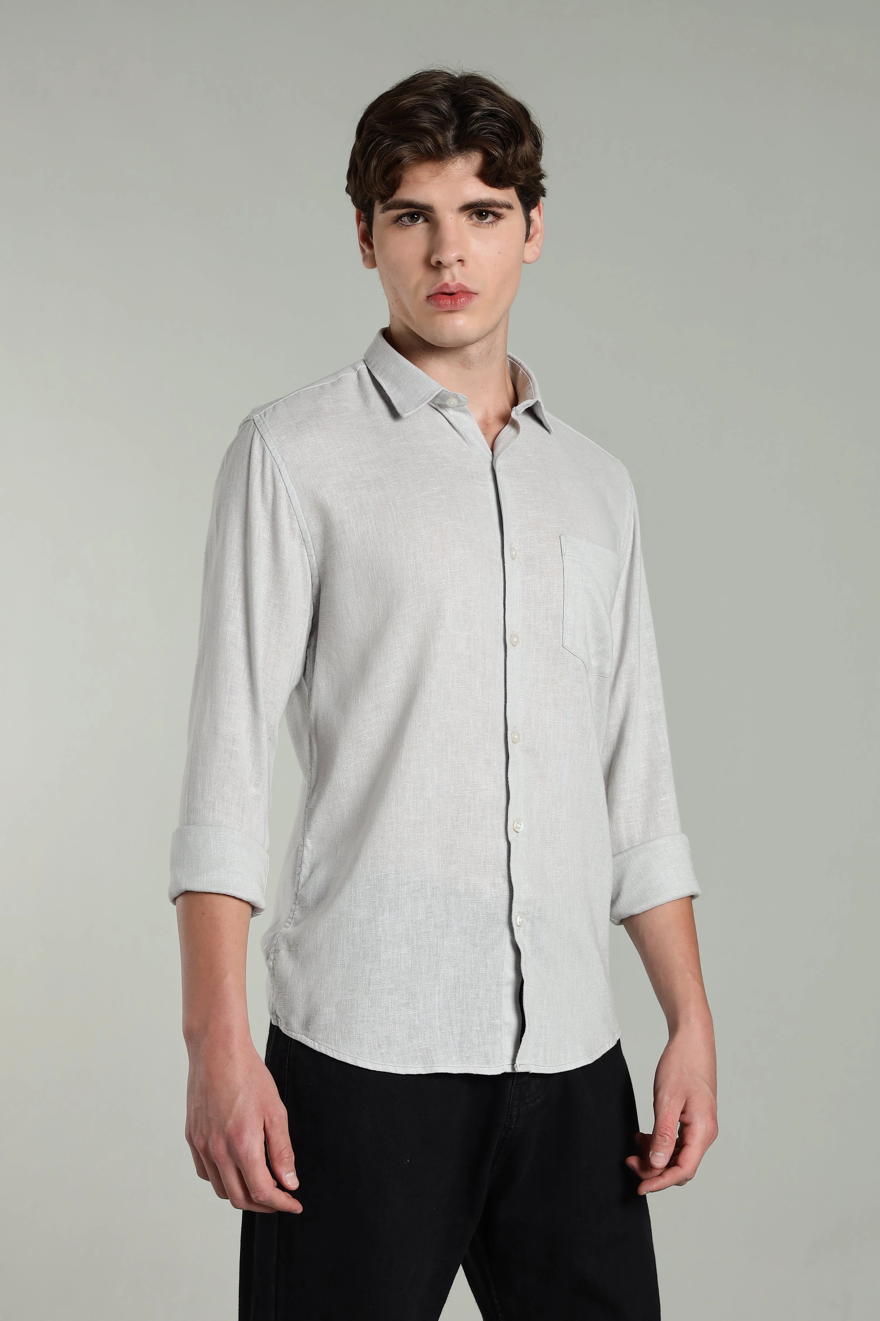 Men Star Linen Grey Solid Shirt - Image 6