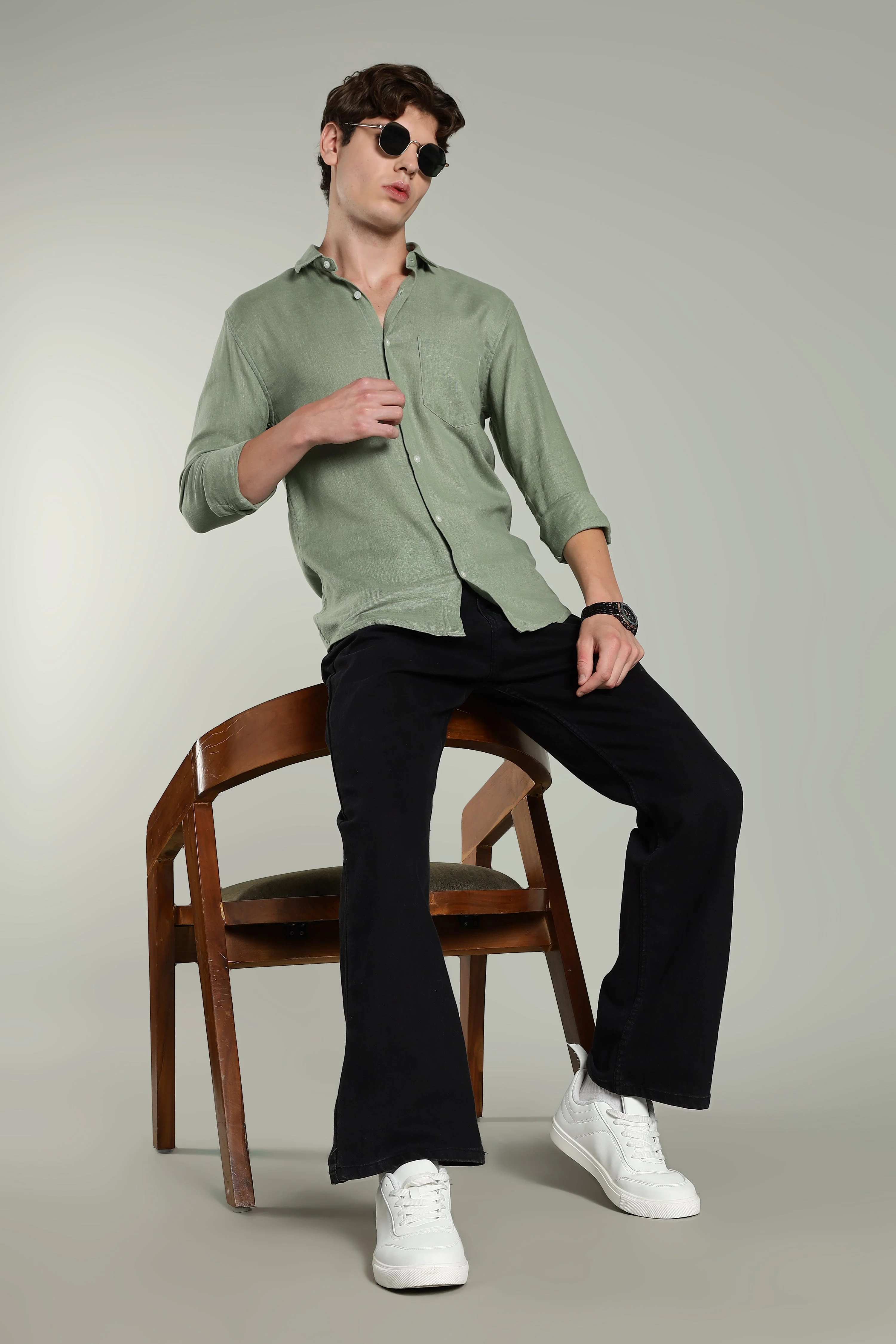 Men Star Linen Grey Solid Shirt - Image 7