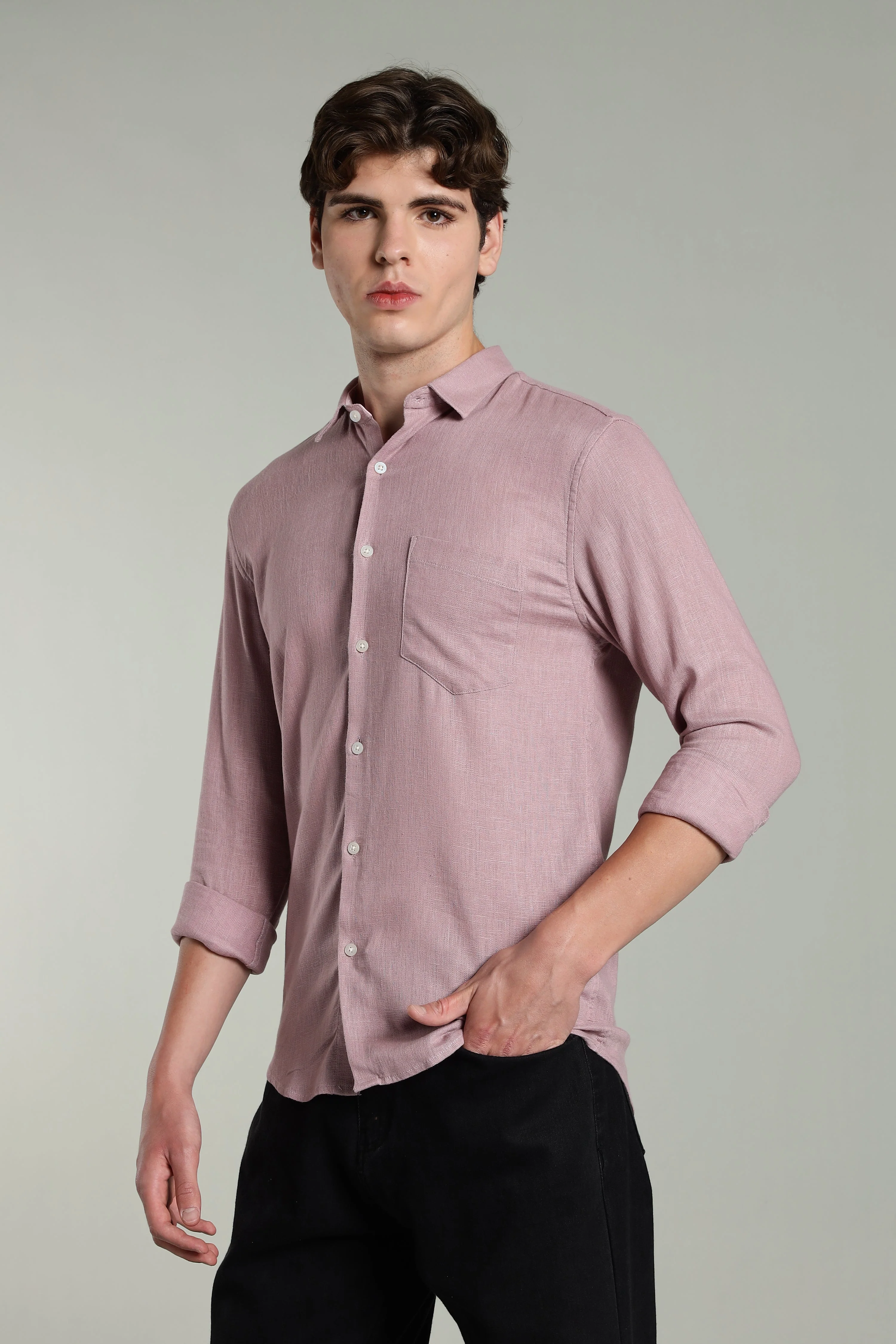 Men Star Linen Pink Solid Shirt - Image 3