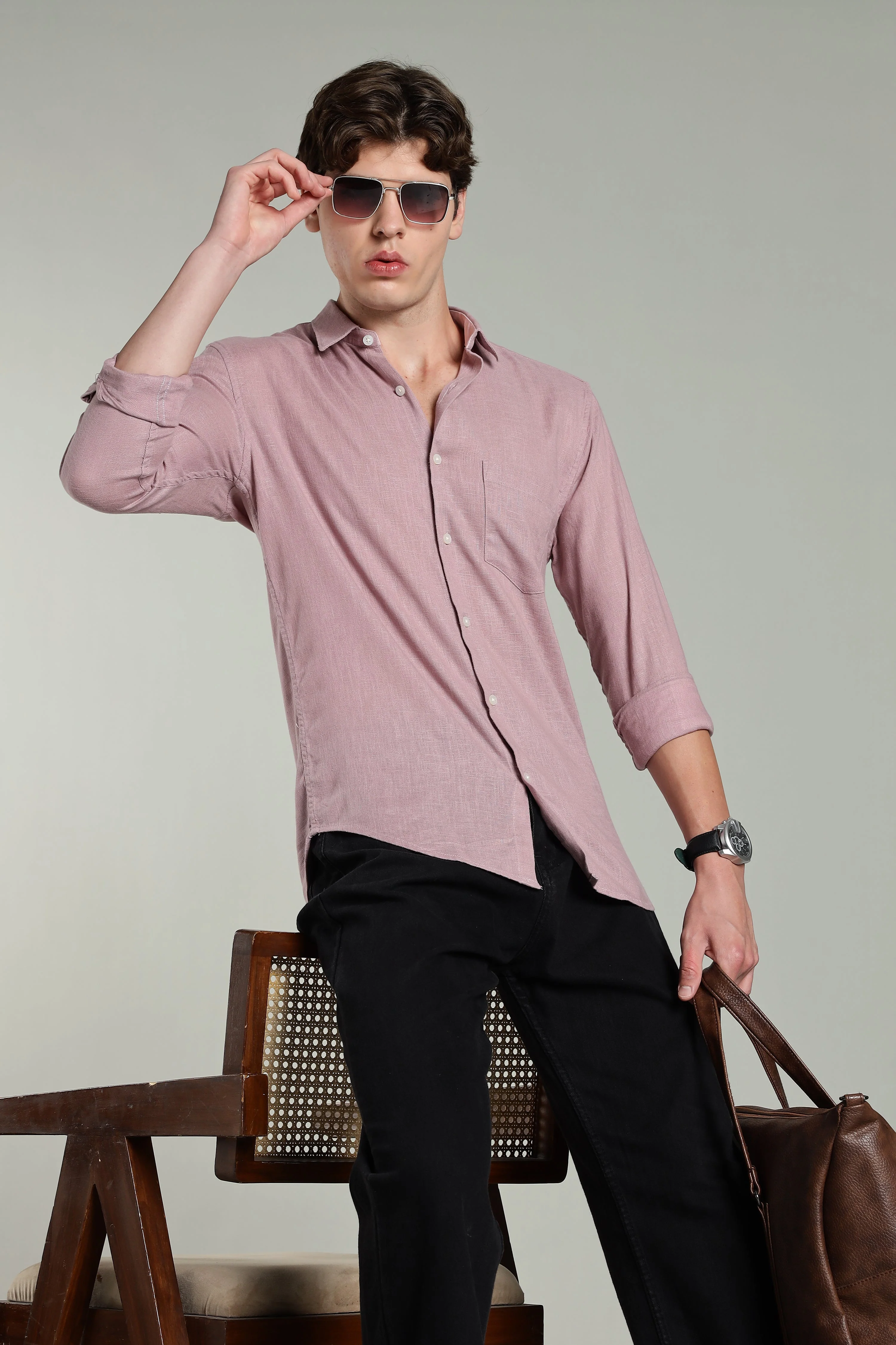 Men Star Linen Pink Solid Shirt - Image 5