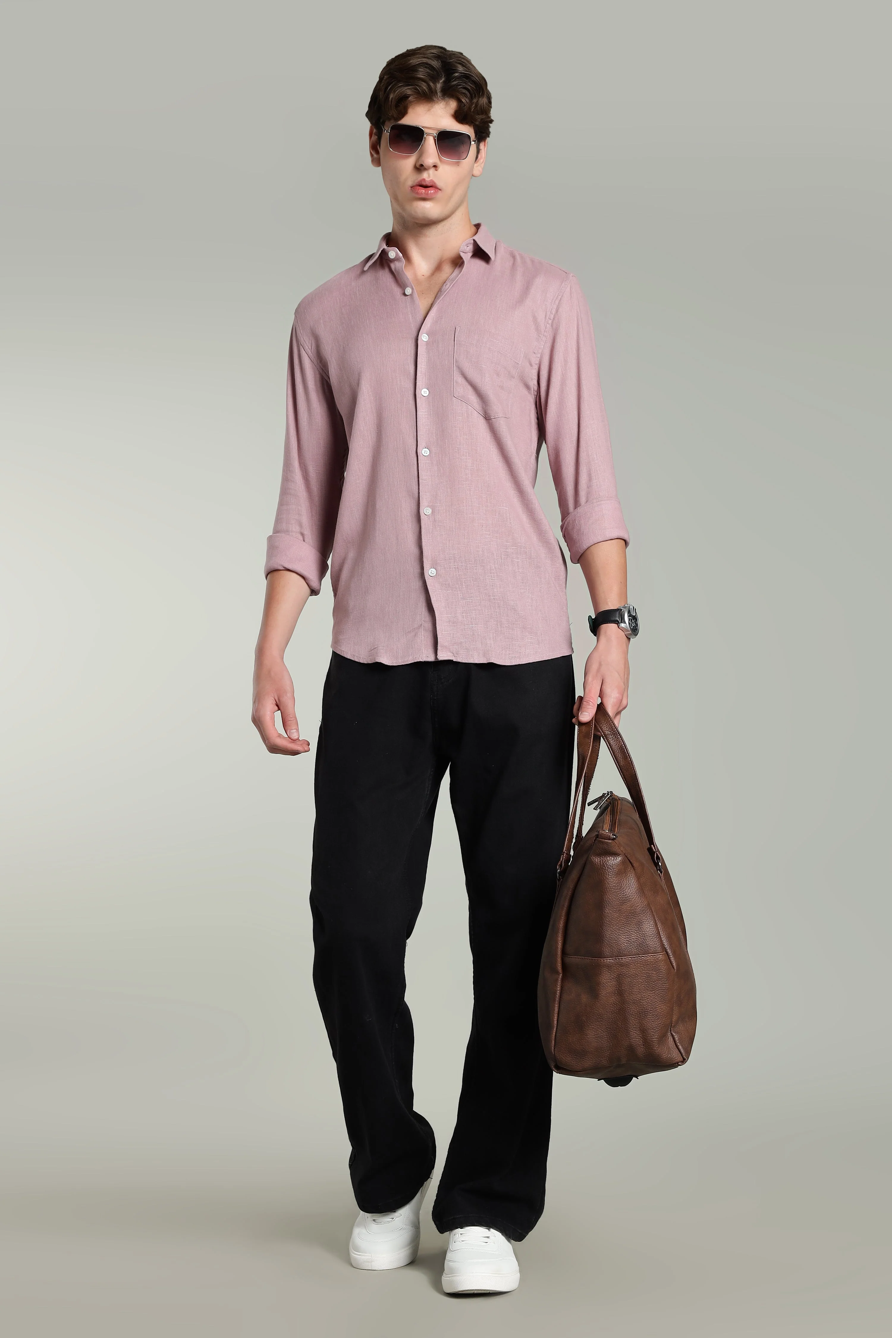 Men Star Linen Pink Solid Shirt - Image 6