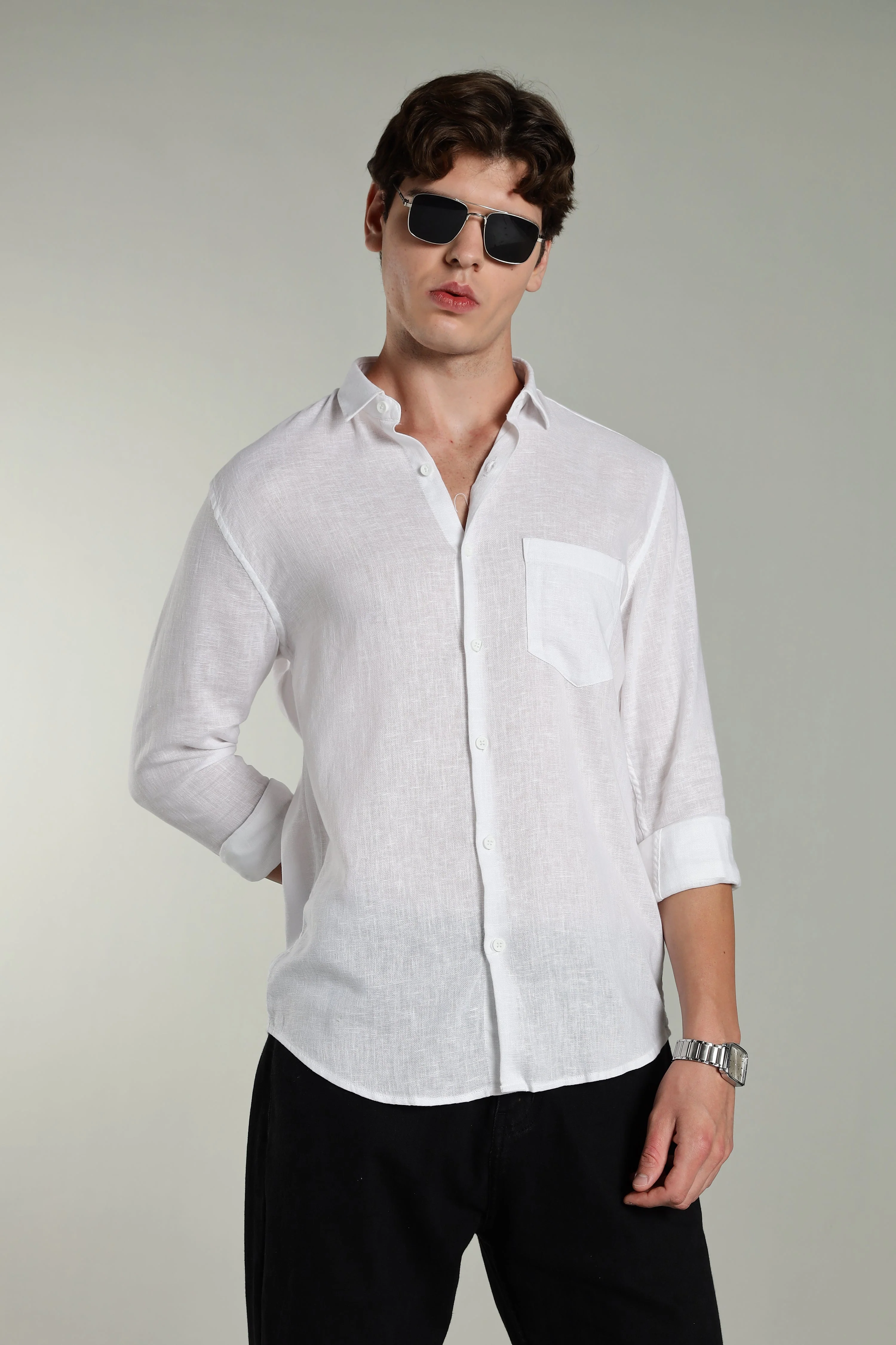 Men Star Linen White Solid Shirt - Image 3