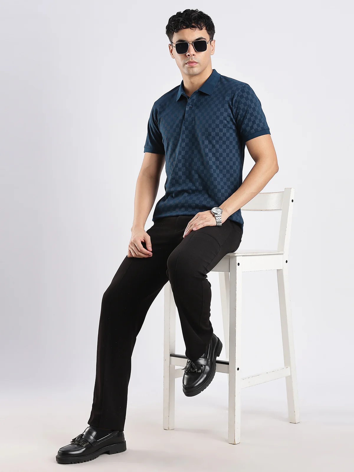 Men Steel Blue Regular Fit Polo T-Shirt - Image 4