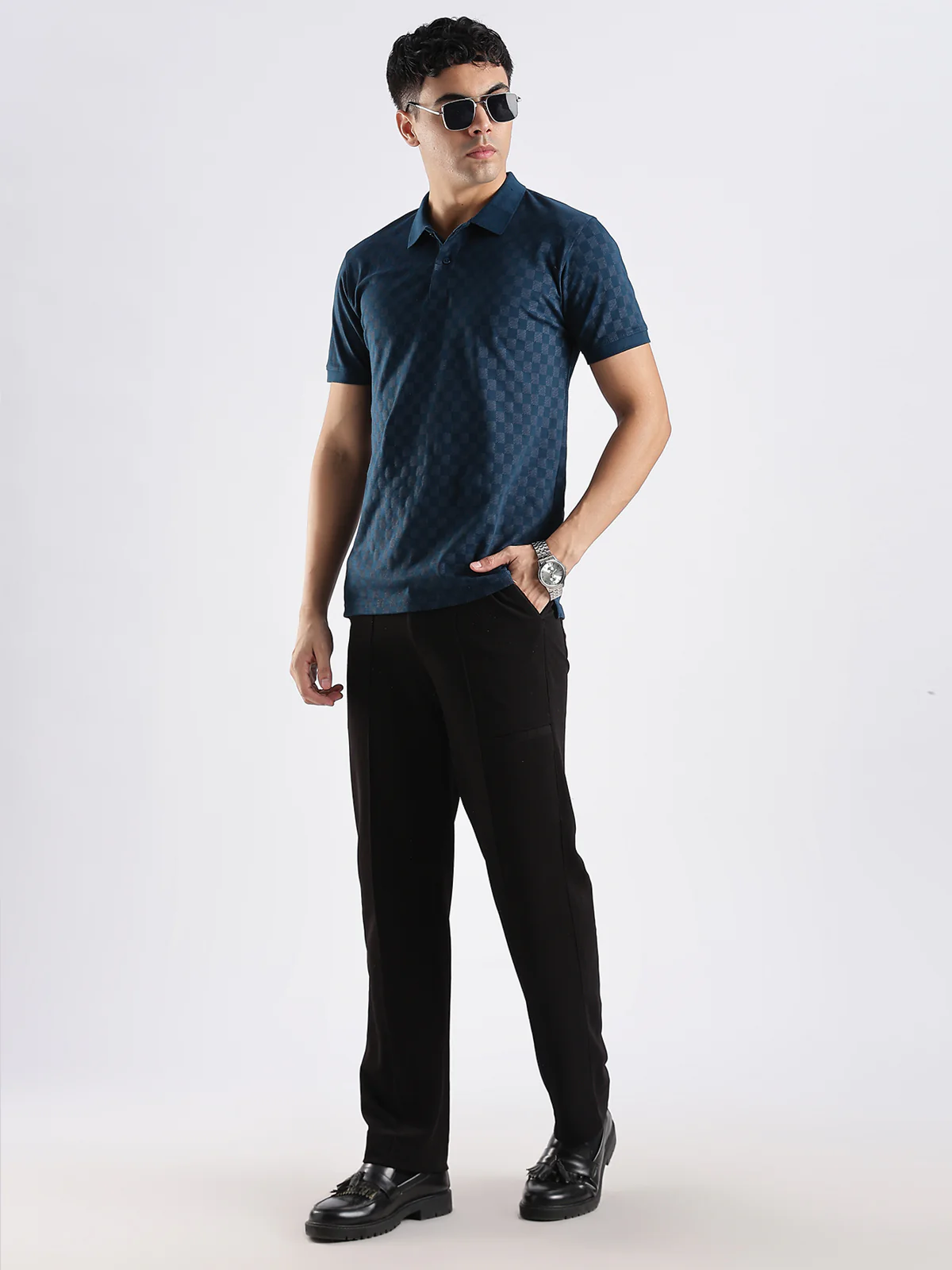 Men Steel Blue Regular Fit Polo T-Shirt - Image 7