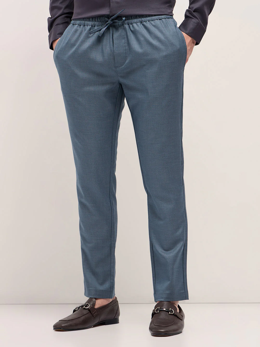 Men Steel Blue Slim Fit Formal Trouser