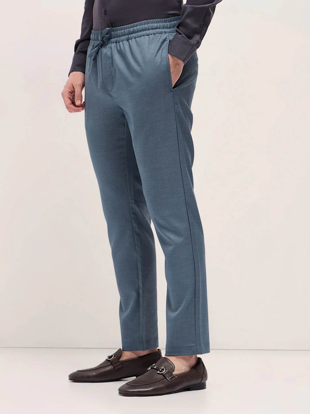 Men Steel Blue Slim Fit Formal Trouser - Image 3