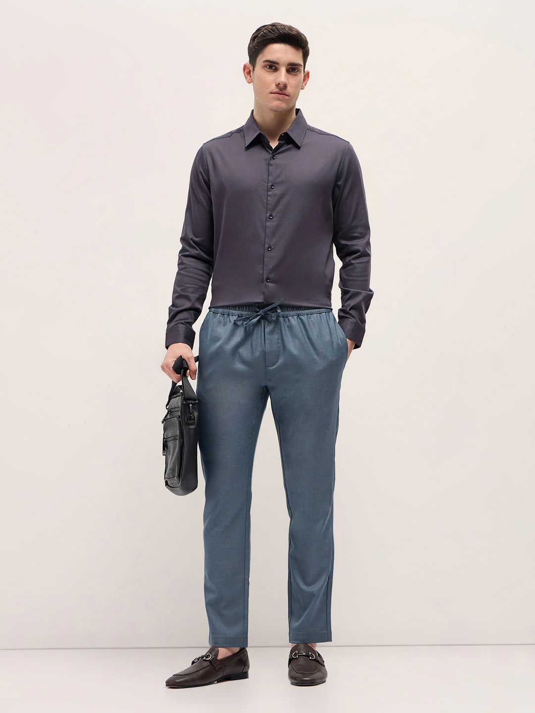 Men Steel Blue Slim Fit Formal Trouser - Image 4