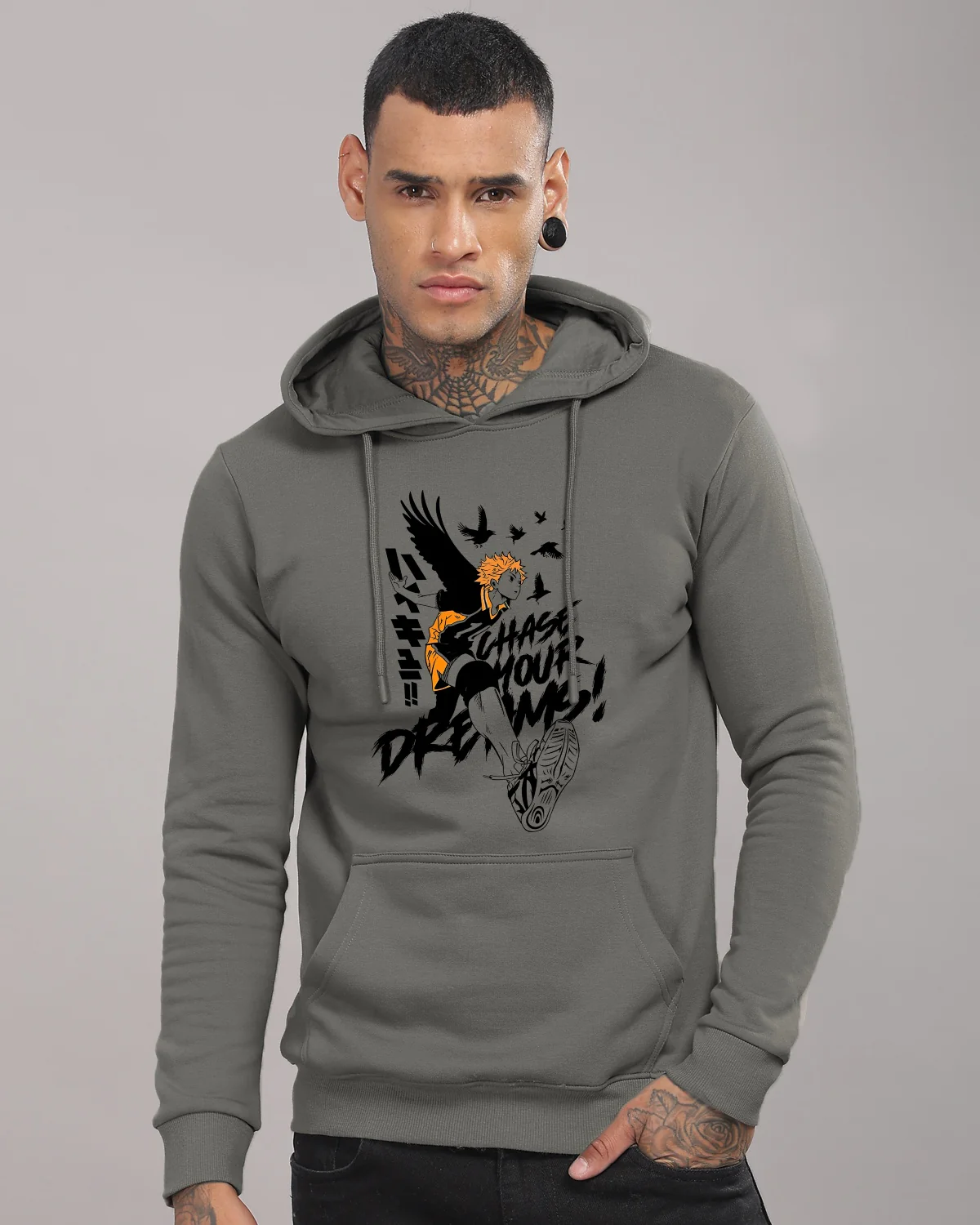 Men Grey Anime Hoodies - Image 2