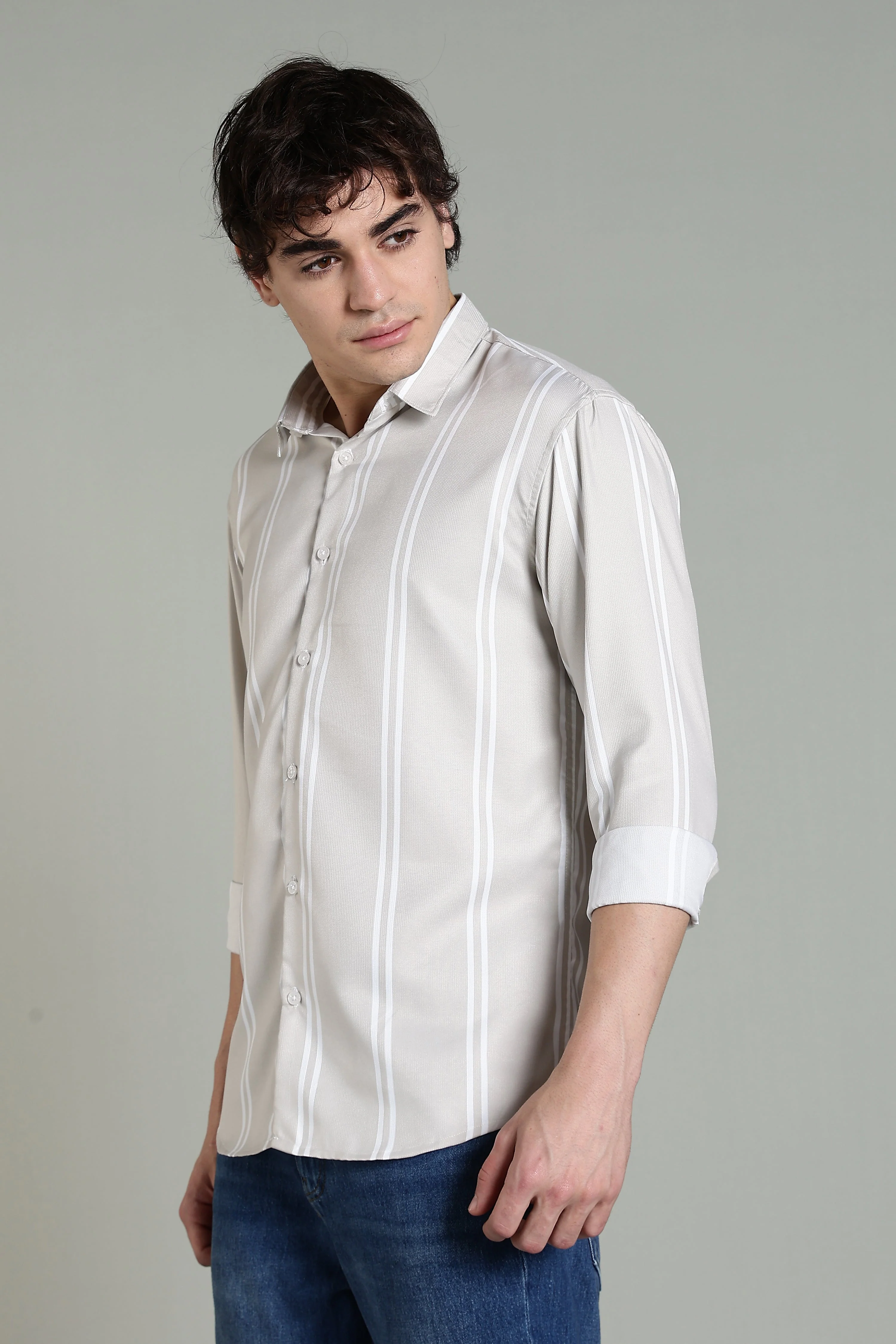 Men Stran Beige Striped Shirt - Image 3