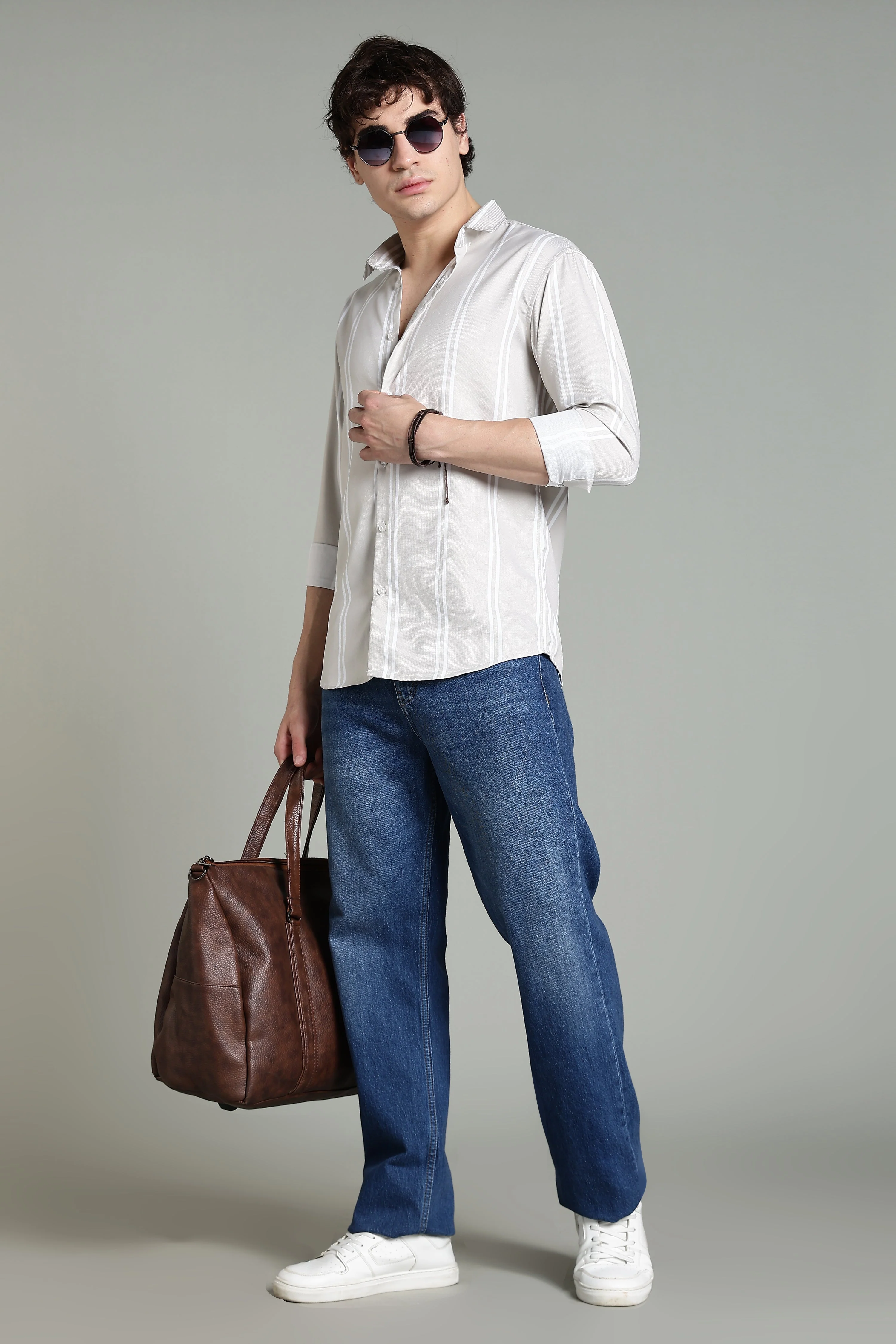 Men Stran Beige Striped Shirt - Image 6