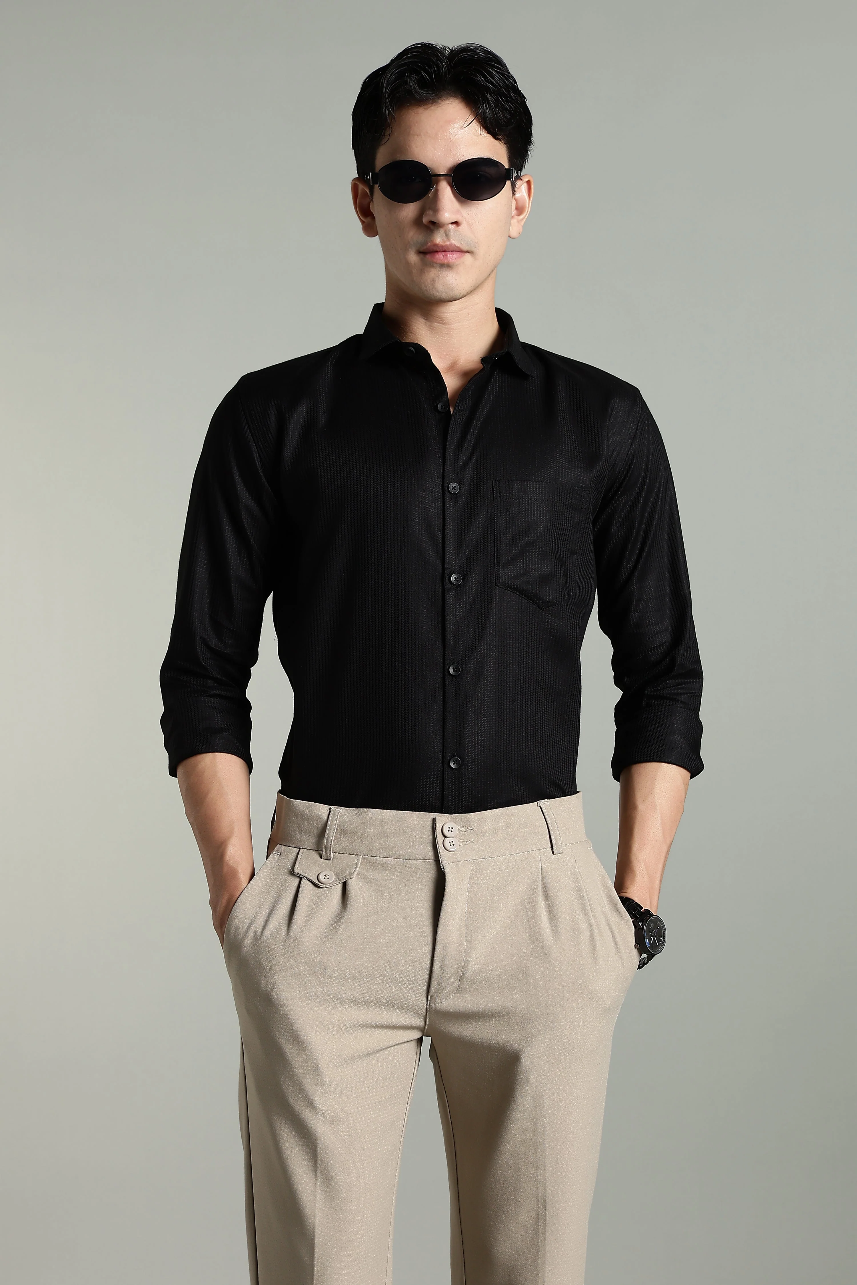 Men Stria Black Solid Shirt - Image 5