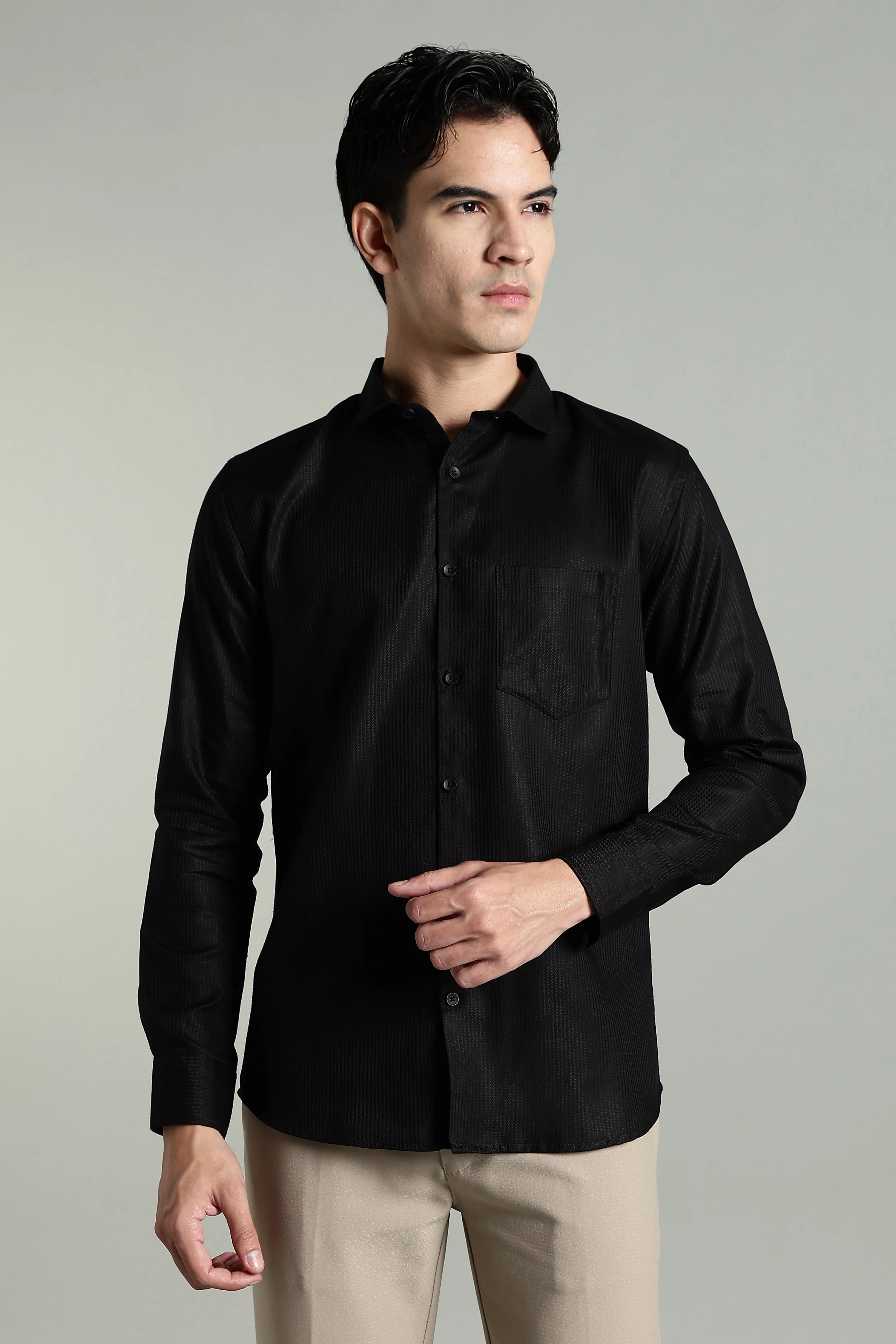 Men Stria Black Solid Shirt - Image 6