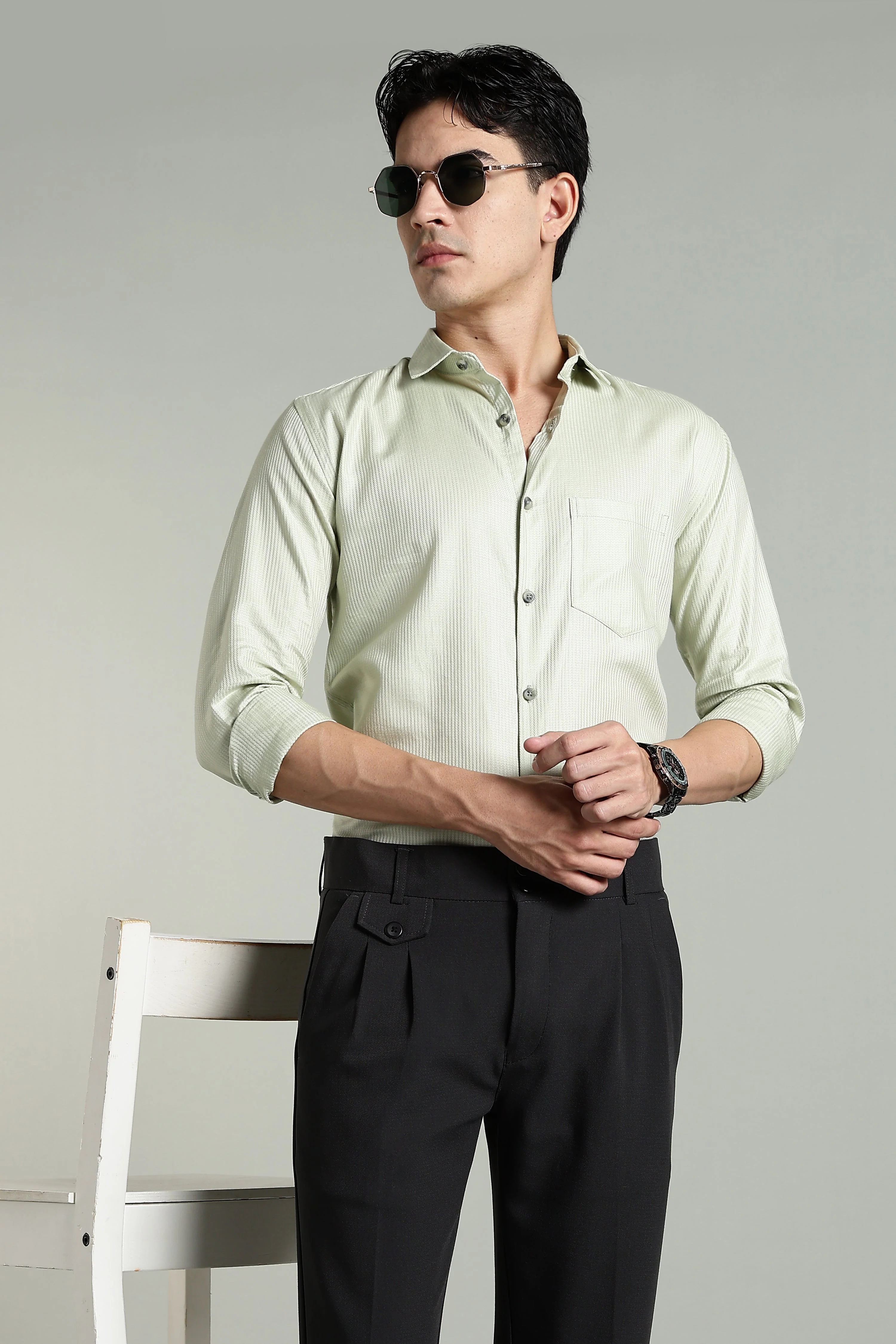 Men Stria Green Solid Shirt - Image 3