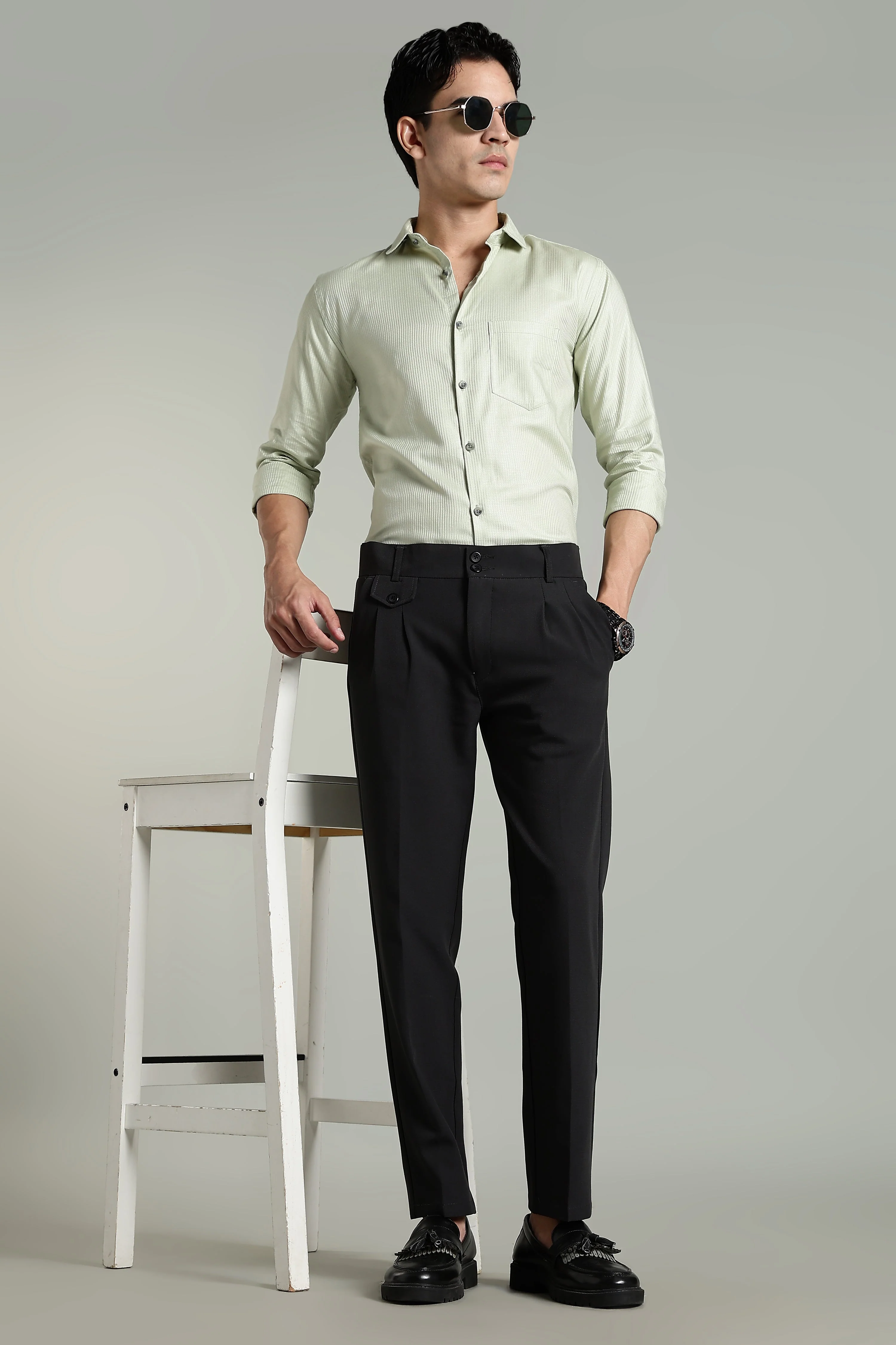 Men Stria Green Solid Shirt - Image 4