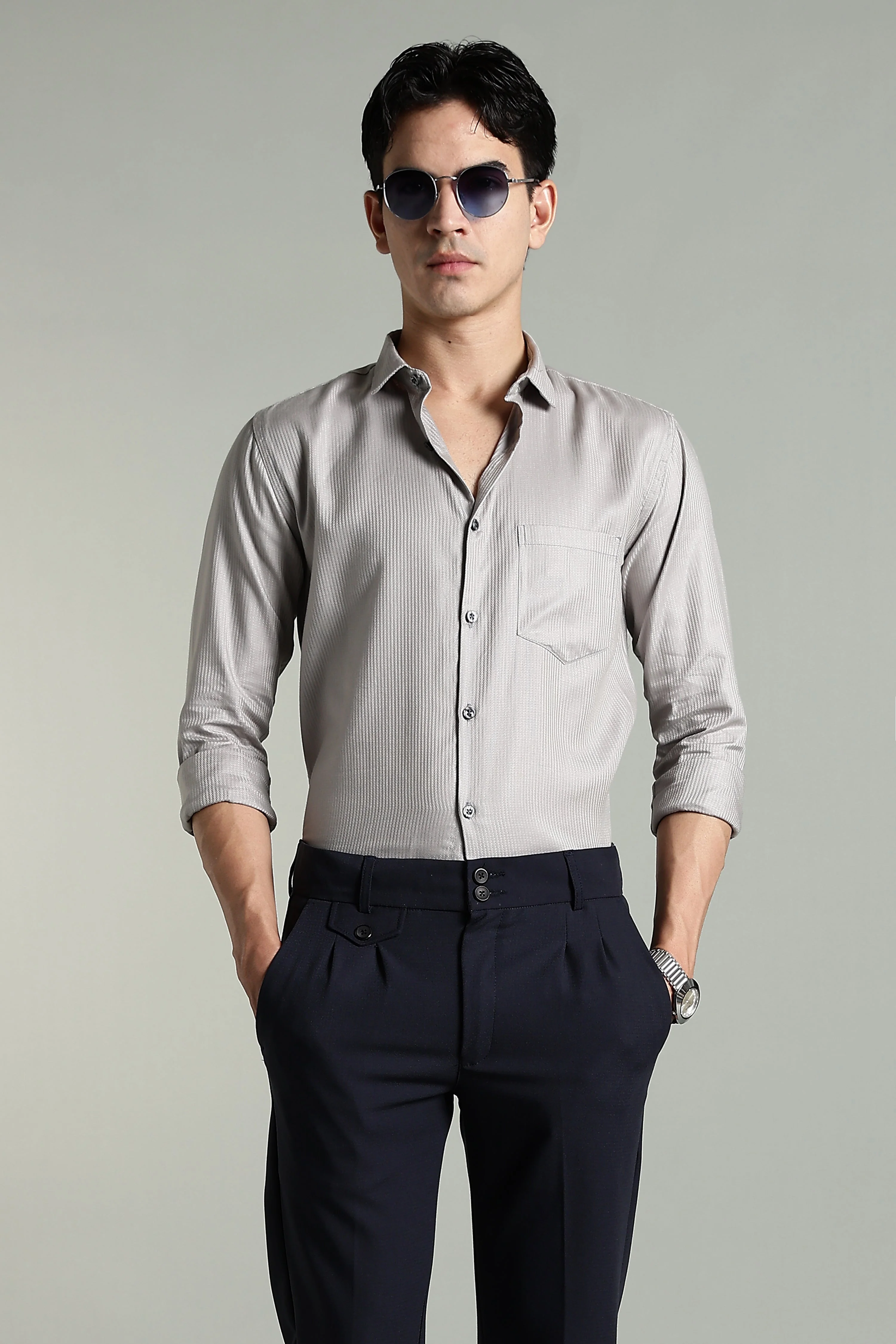 Men Stria Grey Solid Shirt