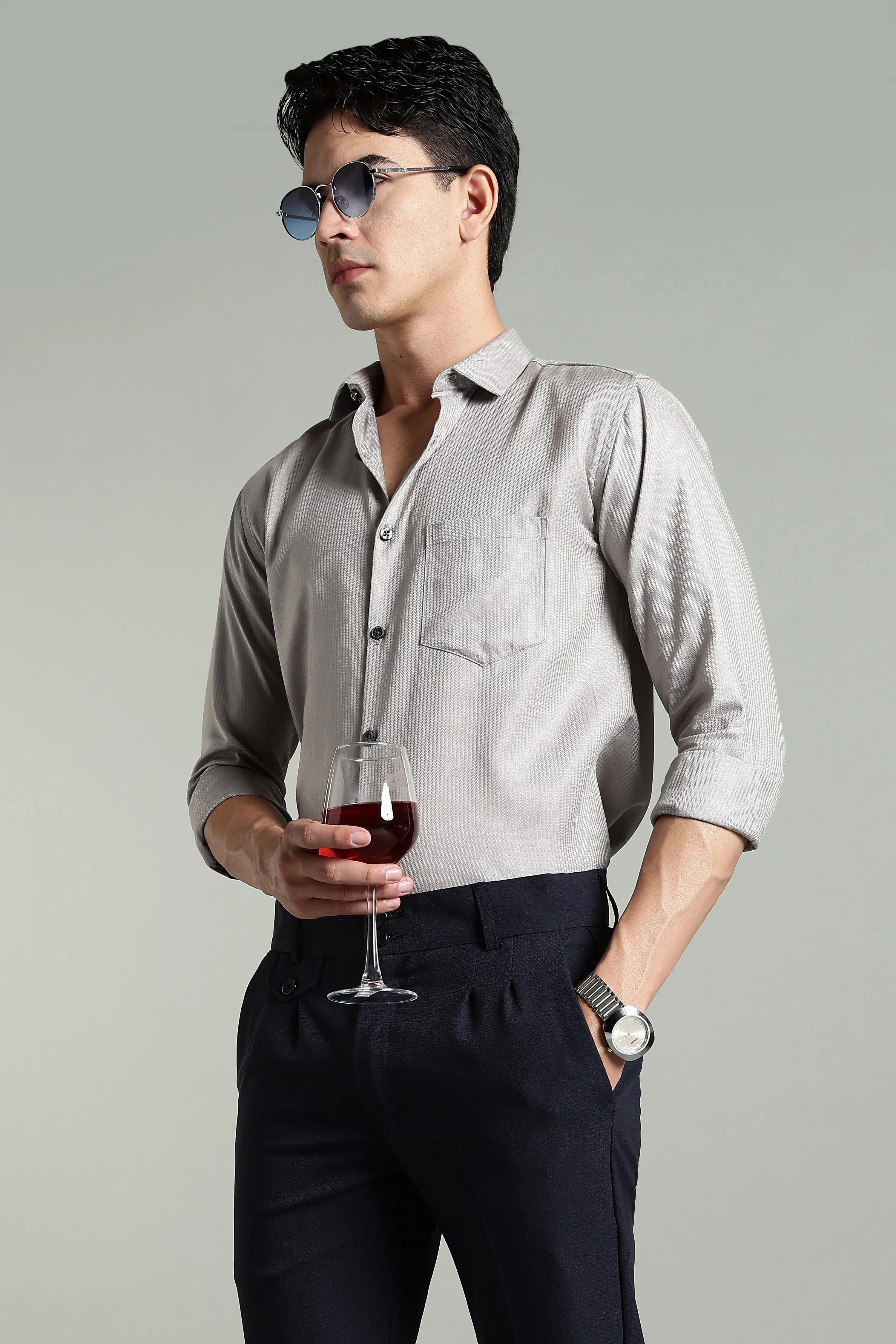 Men Stria Grey Solid Shirt - Image 3