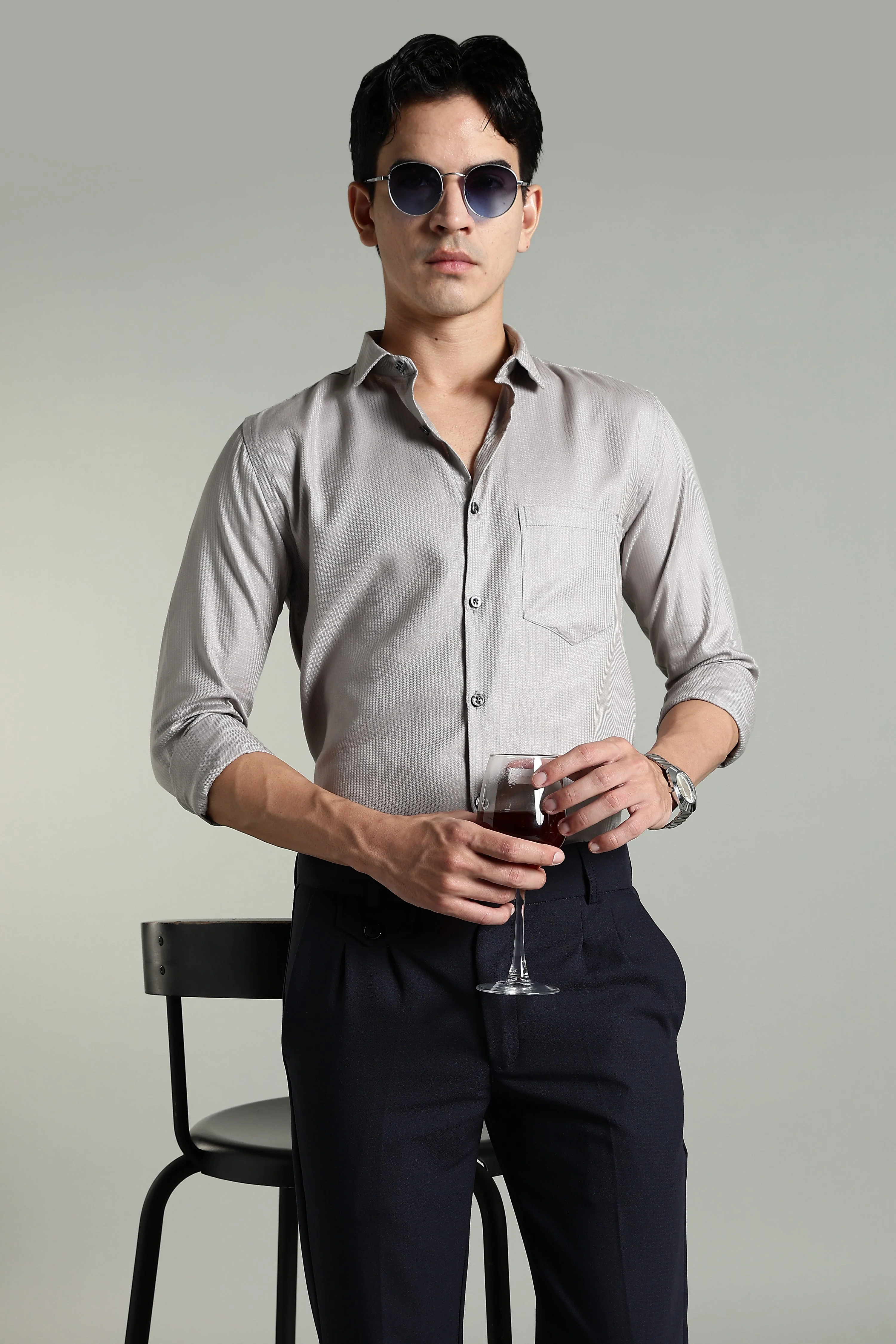 Men Stria Grey Solid Shirt - Image 5