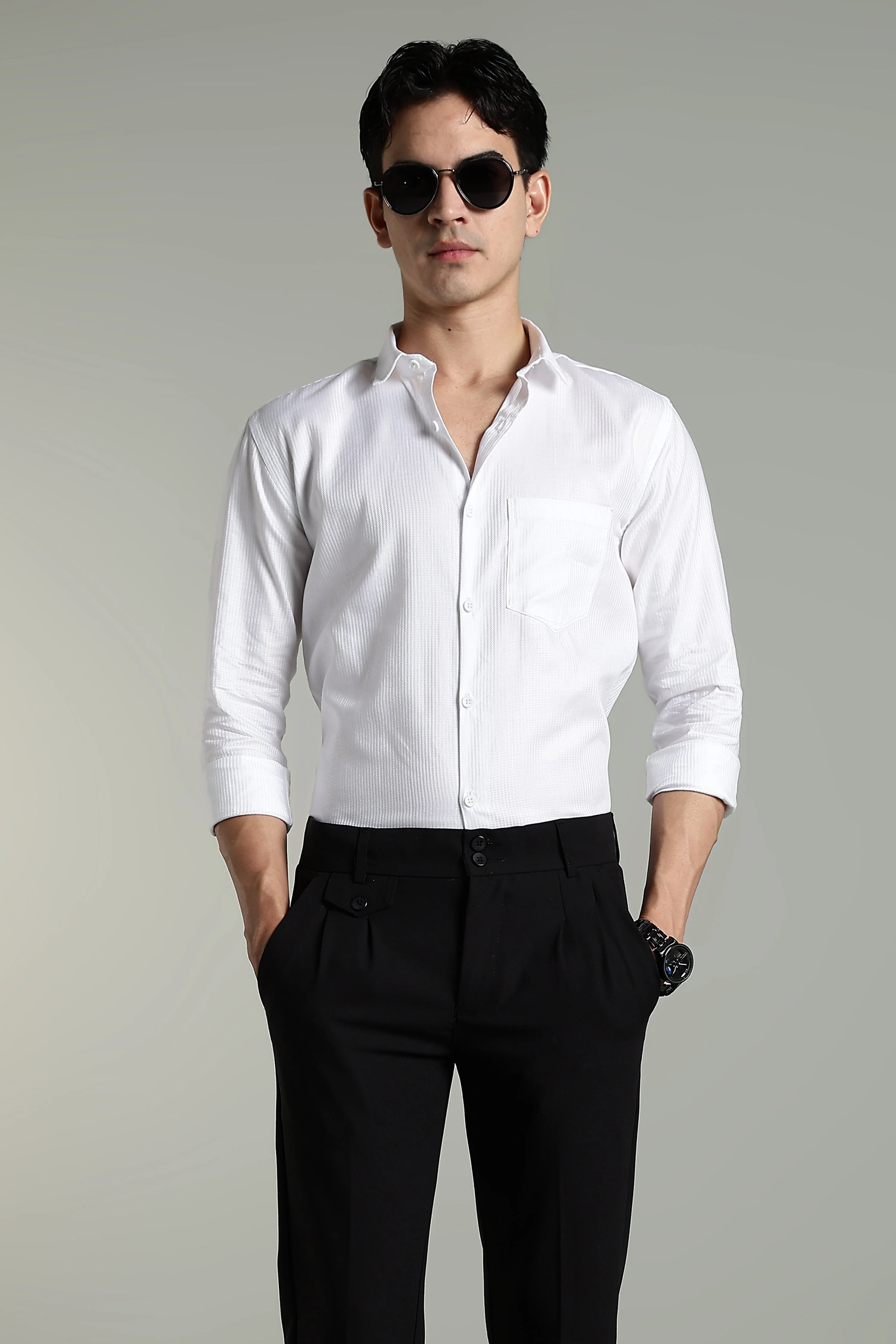 Men Stria White Solid Shirt - Image 2