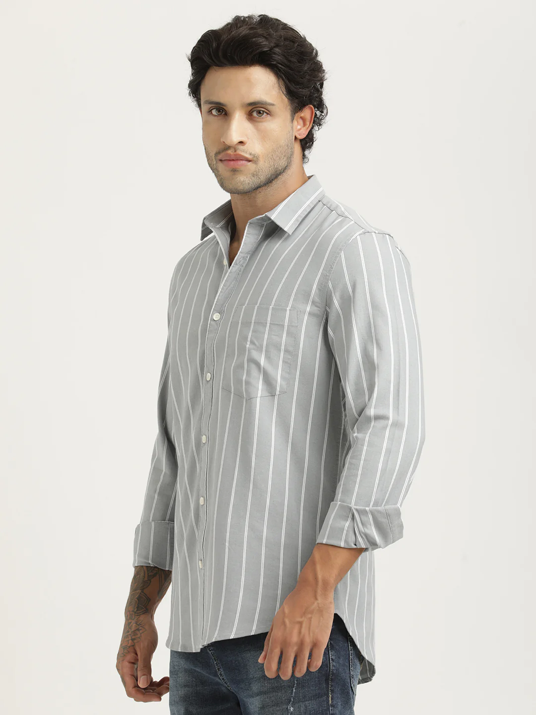 Men Striped Oxford Lycra Shirt - Image 3