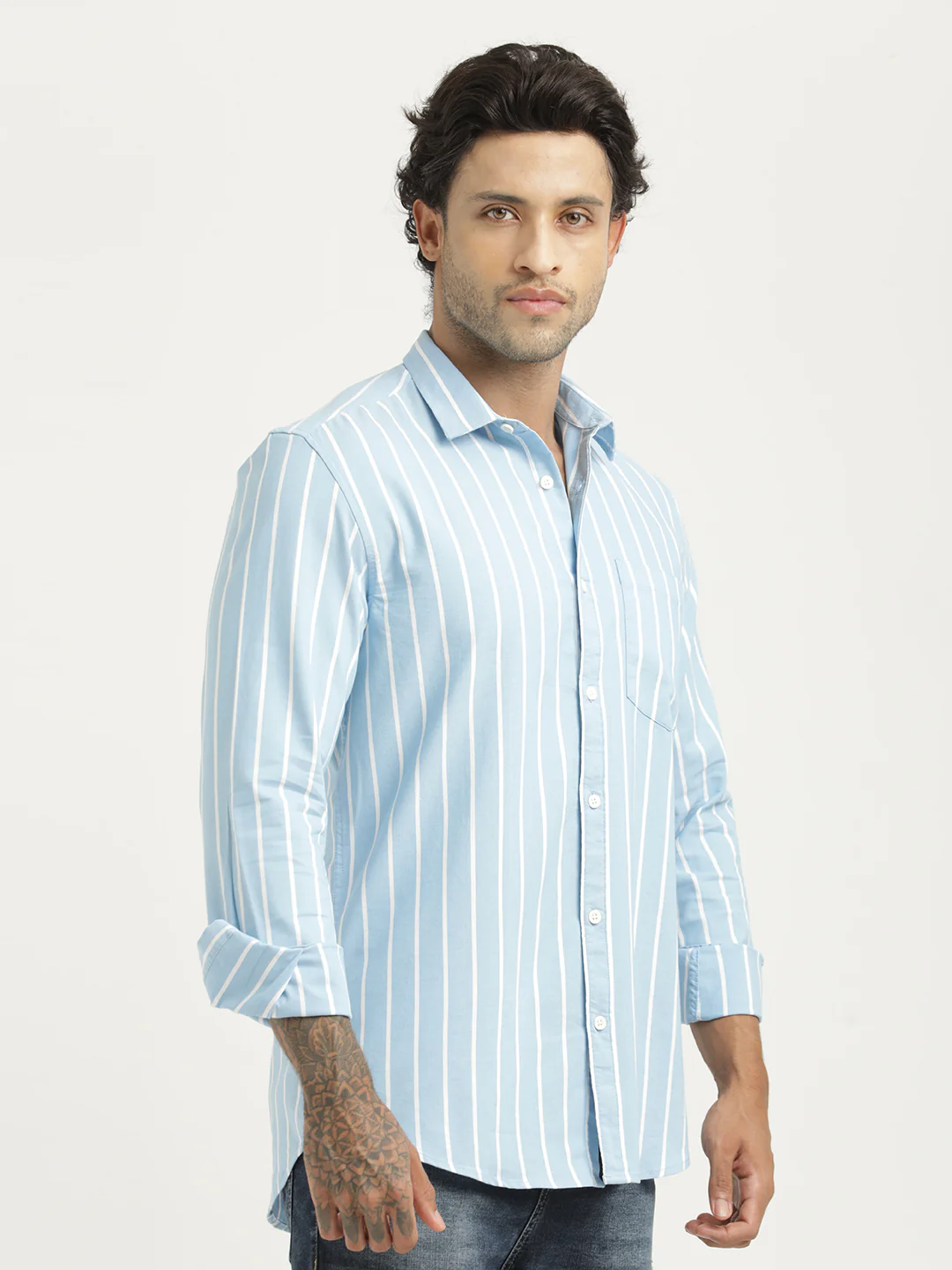 Men Striped Oxford Lycra Shirt - Image 3