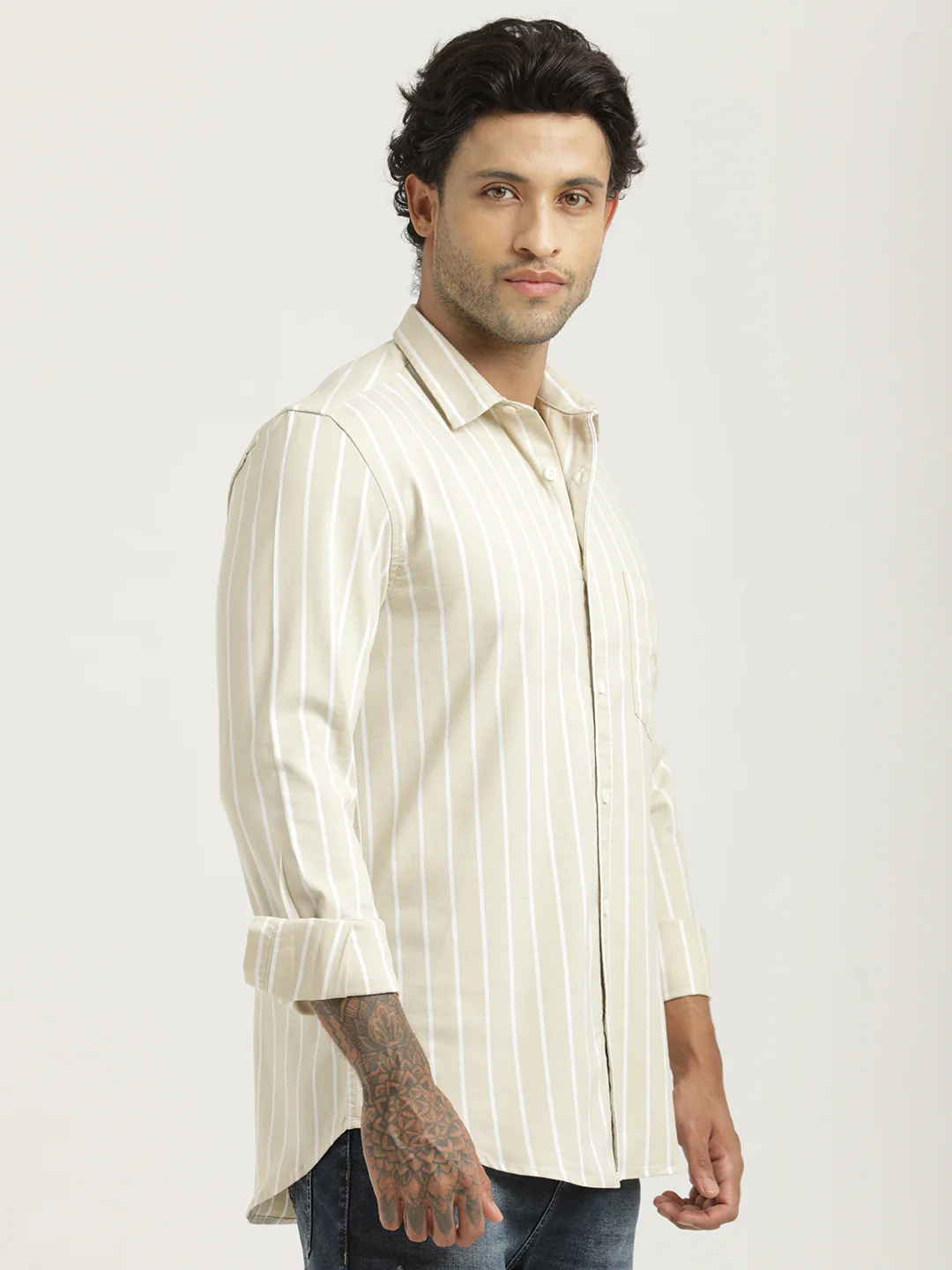 Men Striped Oxford Lycra Shirt - Image 3