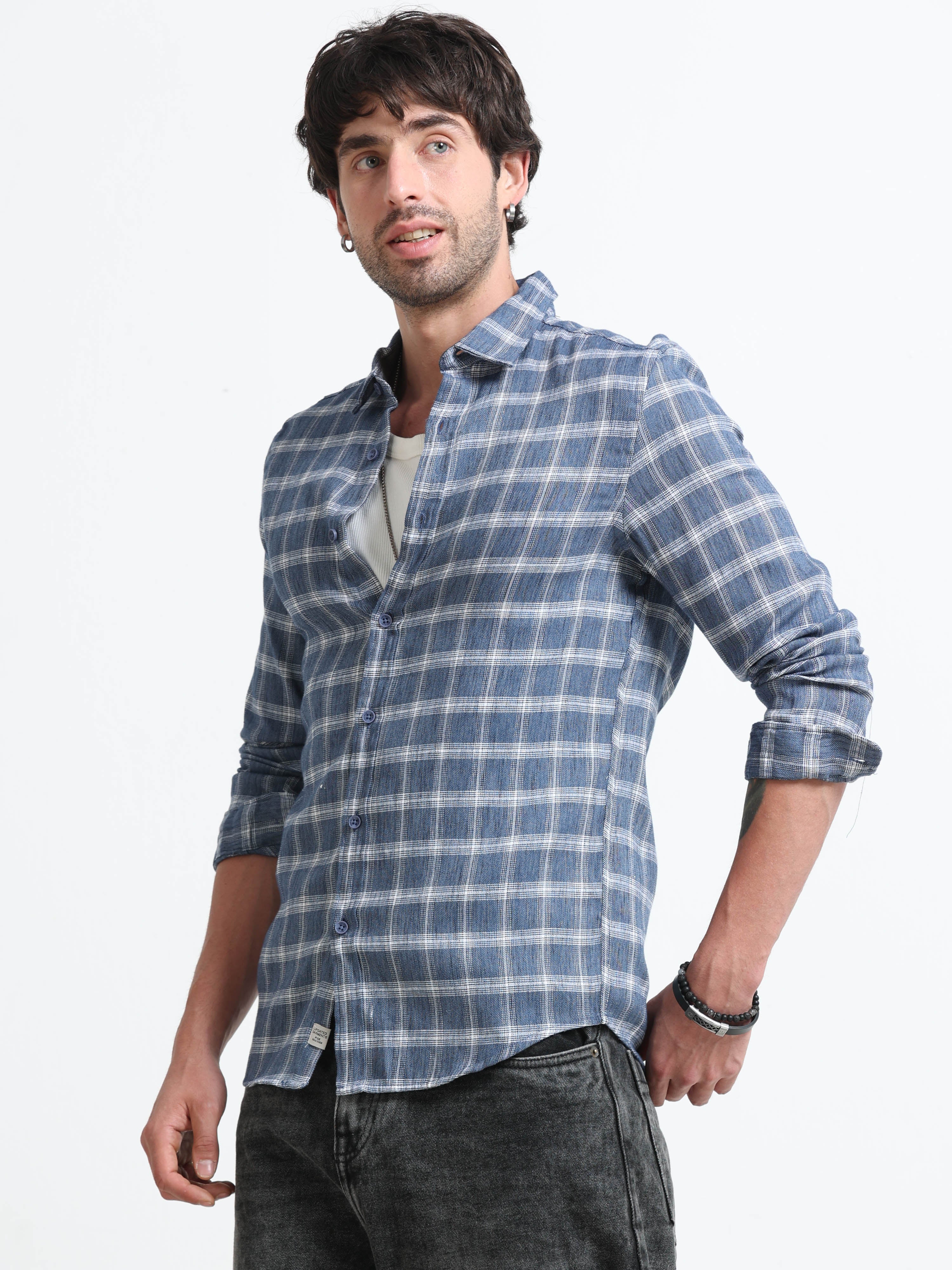Men Syria Cotton Linen Check Shirt - Image 3