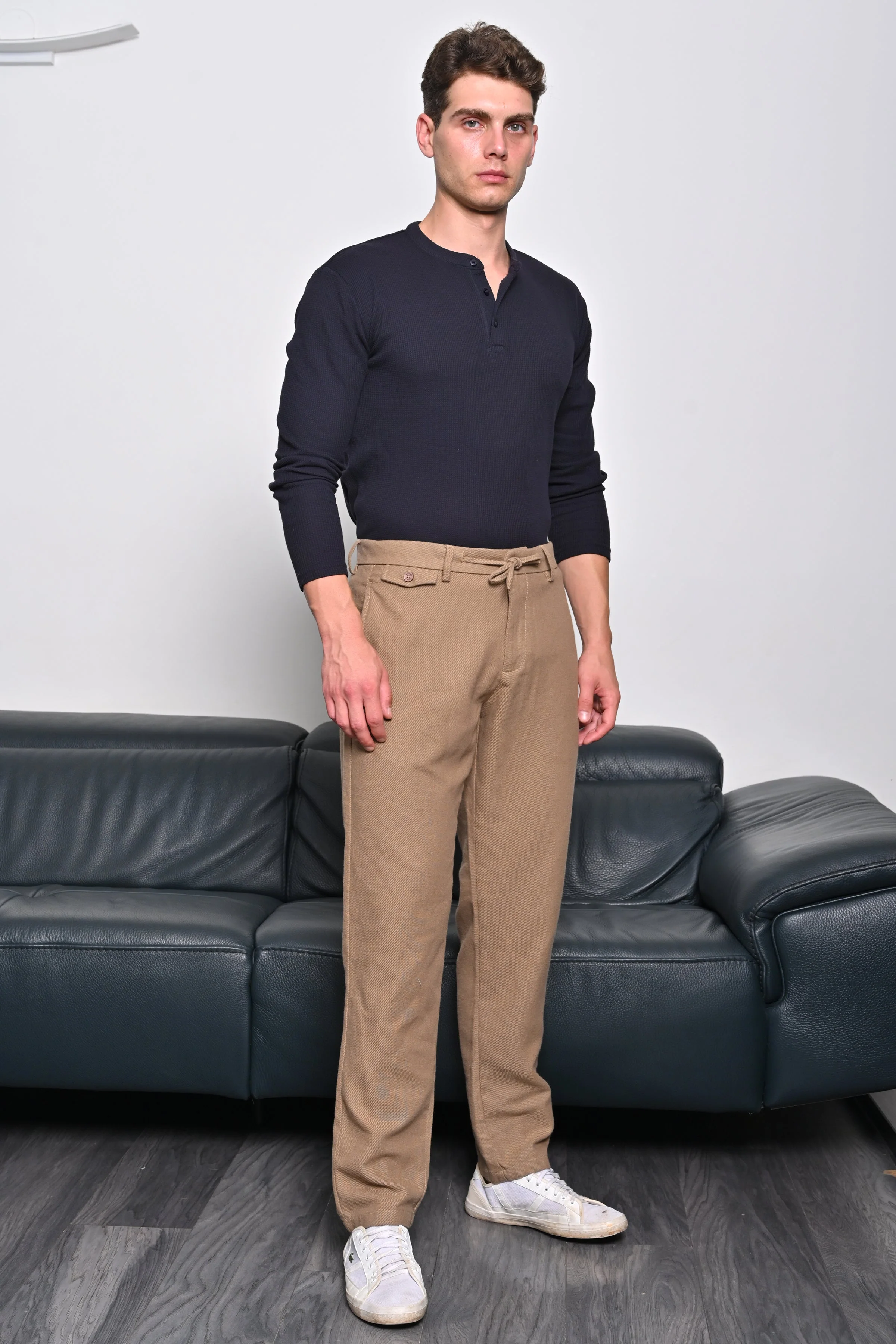 Men Tart Cotton Blend Drawstring Trouser Khaki - Image 4