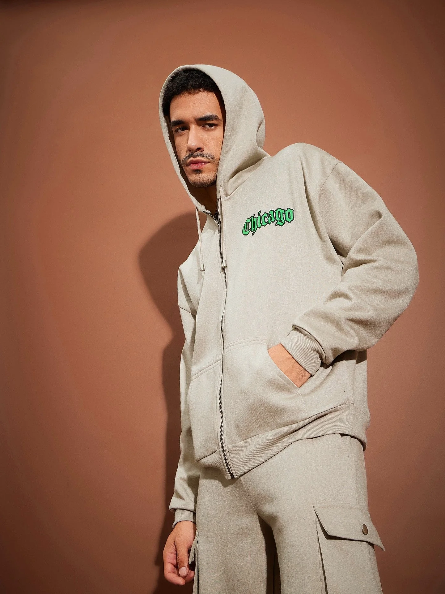 Men Taupe Oversized Zipper Hoodie Sweatshirt With Joggers - Image 3